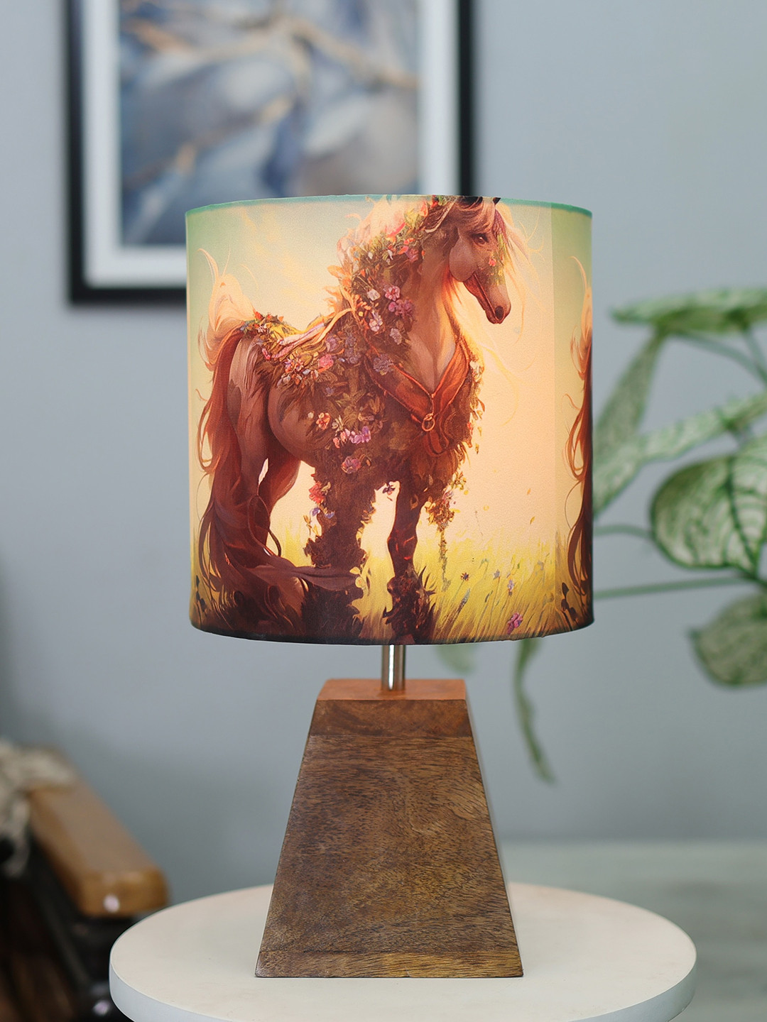 Homesake Pyramid Brown & Blue Floral Horse Printed Table Lamp With Wooden Base