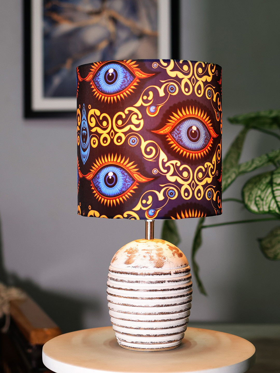 Homesake White & Blue Eye Printed Table Lamp With Wooden Base