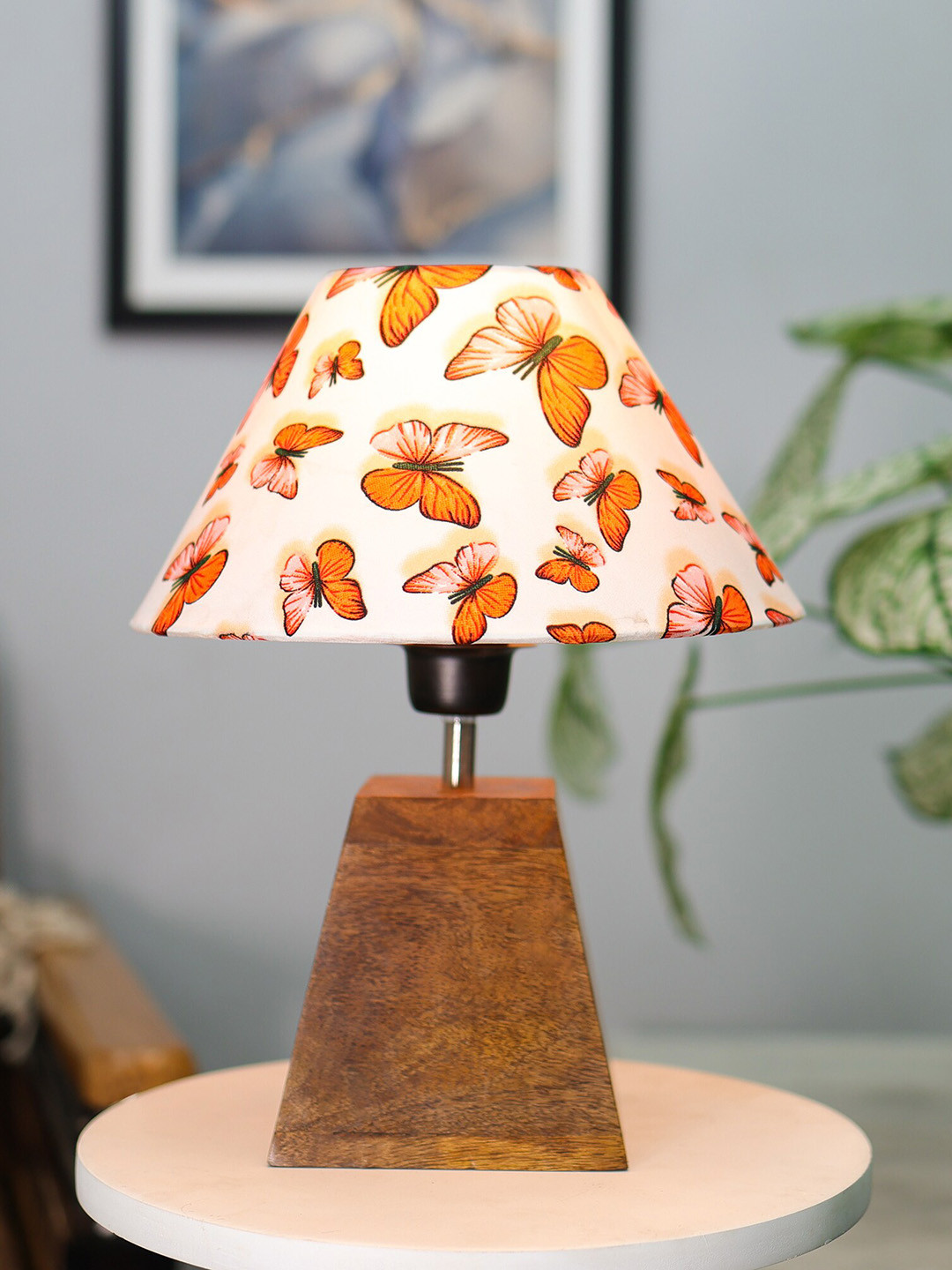 Homesake White & Orange-Colored Butterfly Printed Shade With Wooden Base Table Lamp