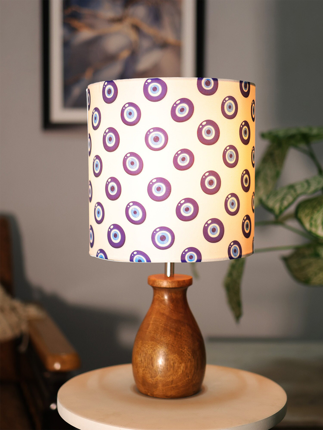 Homesake Dovel Pot White & Turkish Evil Eye Printed Shade With Wooden Base Table Lamp