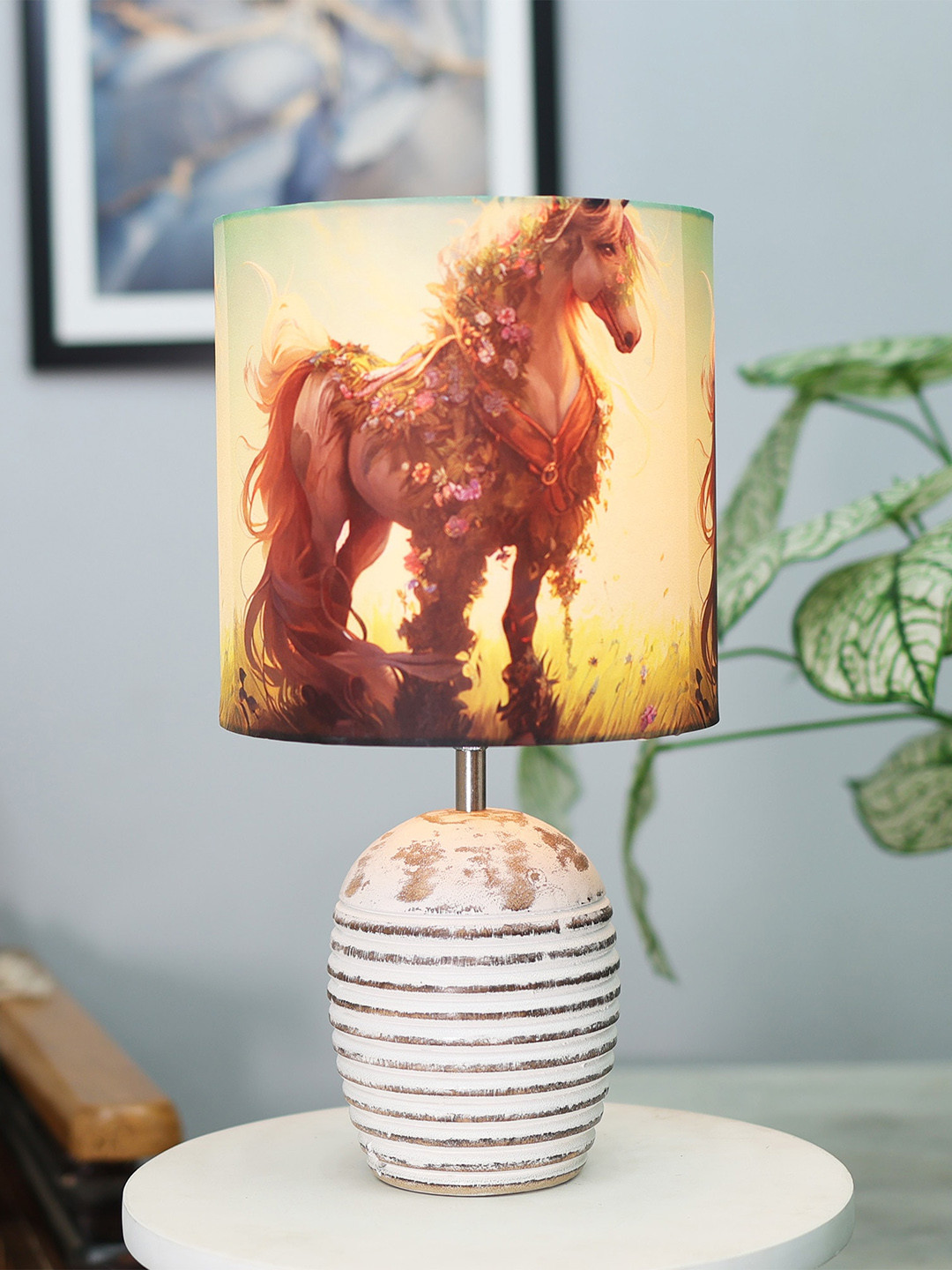 Homesake White & Brown Floral Horse Printed Ribbed Basket Table Lamp With Wooden Base