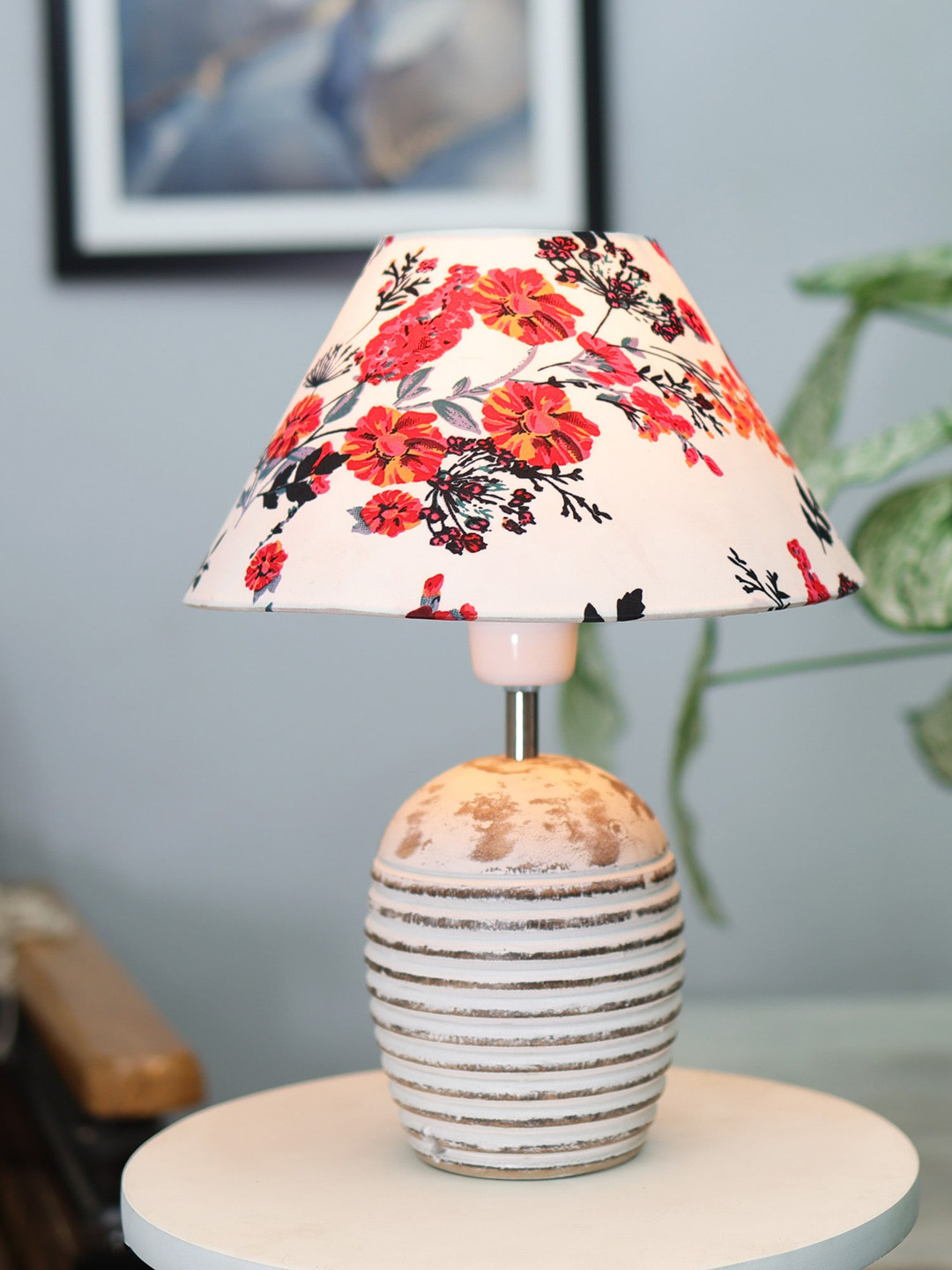 Homesake White & Red Floral Printed Ribbed Basket Table Lamp With Wooden Base