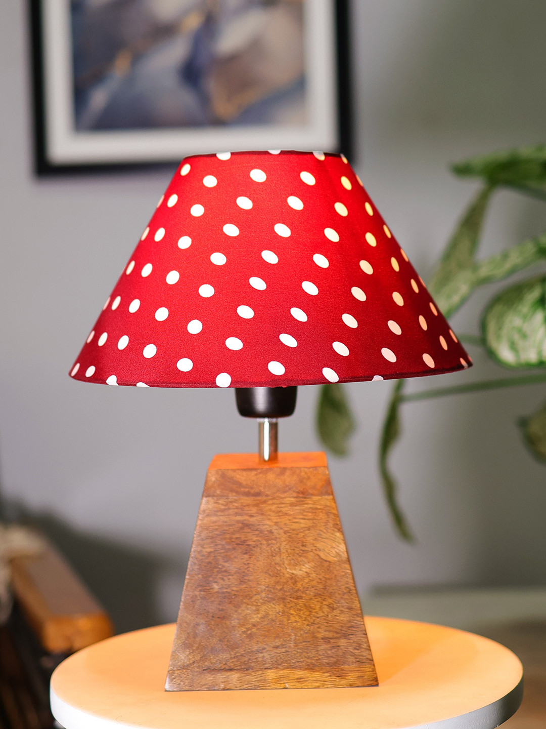 Homesake Pyramid Brown & Red Polka Dot Printed Table Lamp With Wooden Base