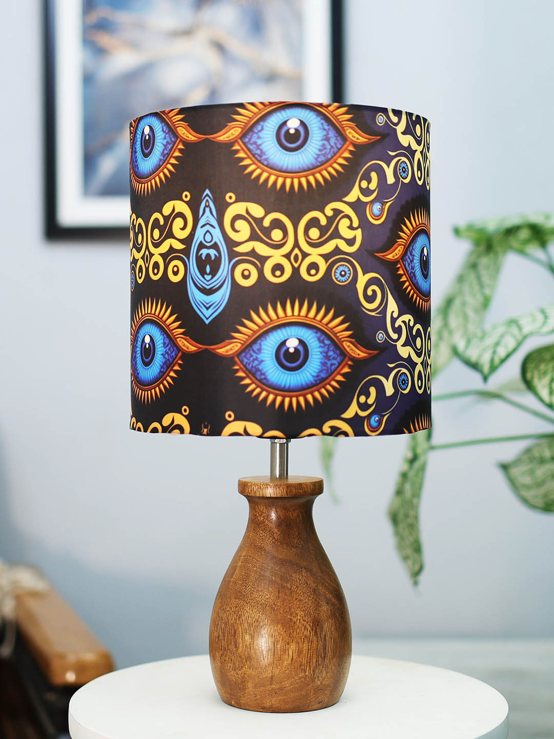 Homesake Brown & Blue Beauty In Eye Printed Table Lamp With Wooden Base
