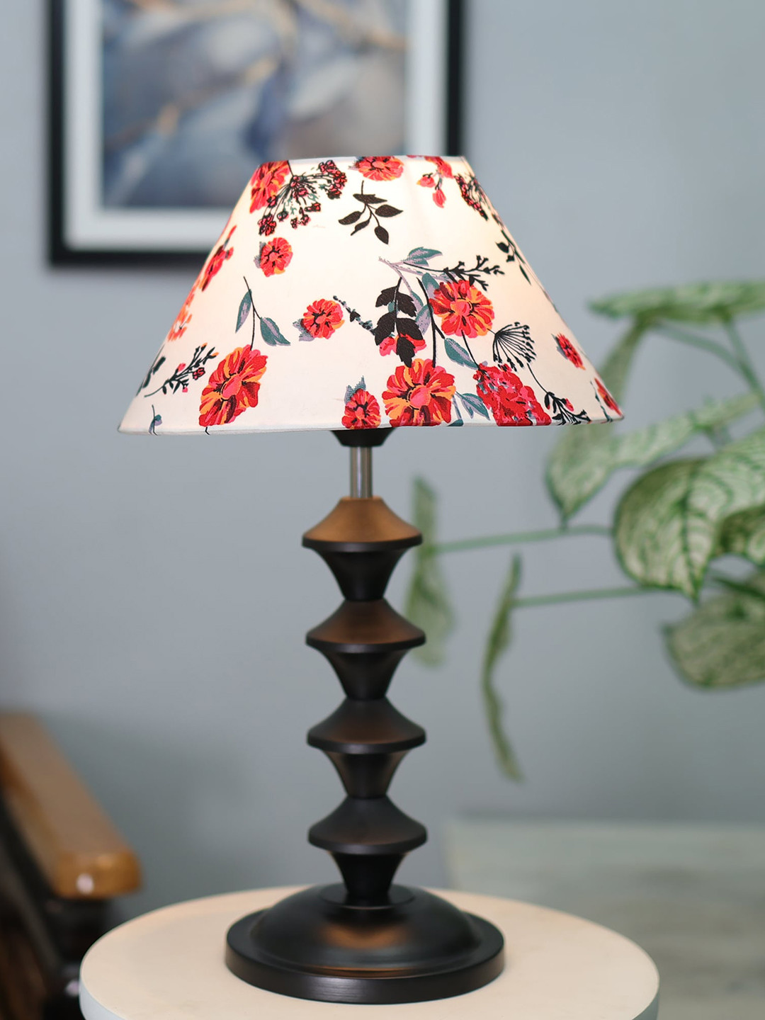 Homesake Black & White Floral Printed Table Lamp With Metal Base