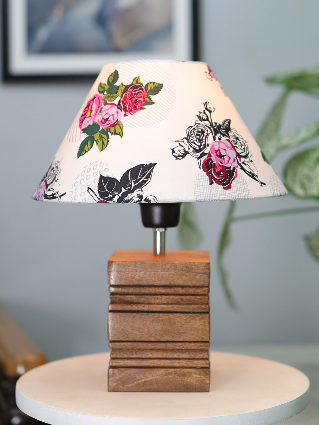 Homesake Brown & White Floral Printed Ribbed Cube Table Lamp With Wooden Base