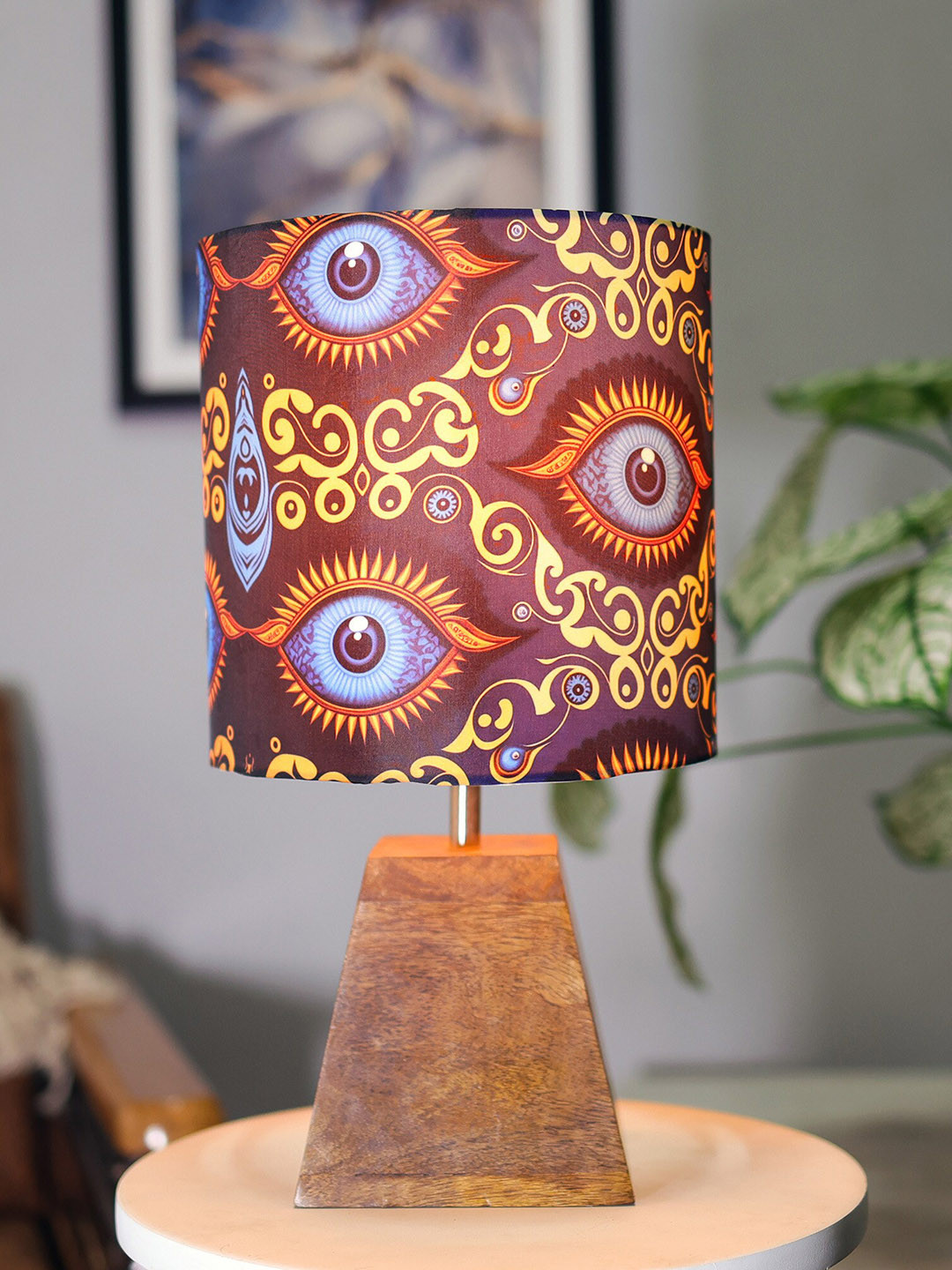 Homesake Brown & Blue Eye Printed Table Lamp With Wooden Base