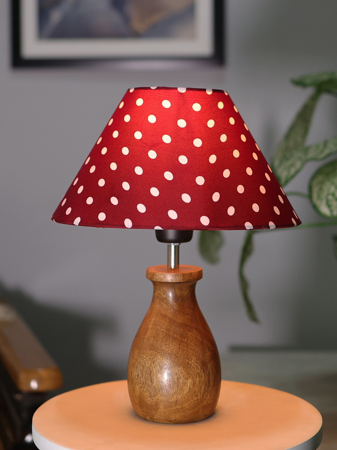 Homesake Dovel Pot Brown & Red Polka Dot Printed Table Lamp With Wooden Base