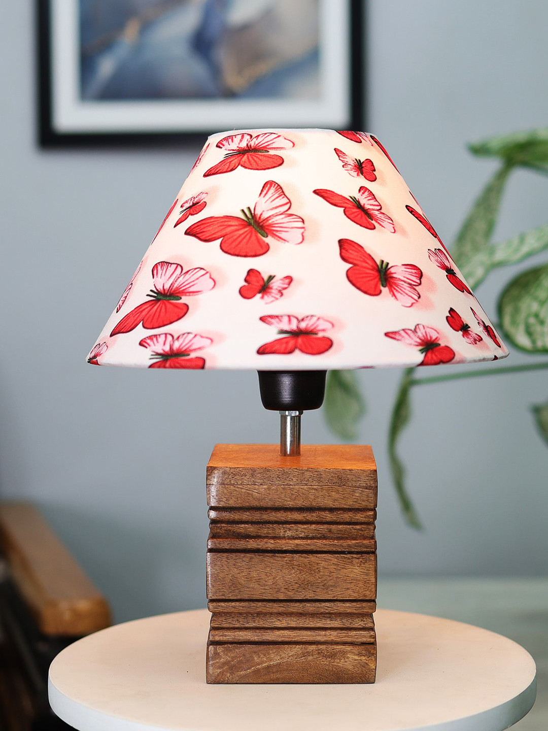 Homesake Brown & White  Butterfly Printed Ribbed Cube Table Lamp With Wooden Base