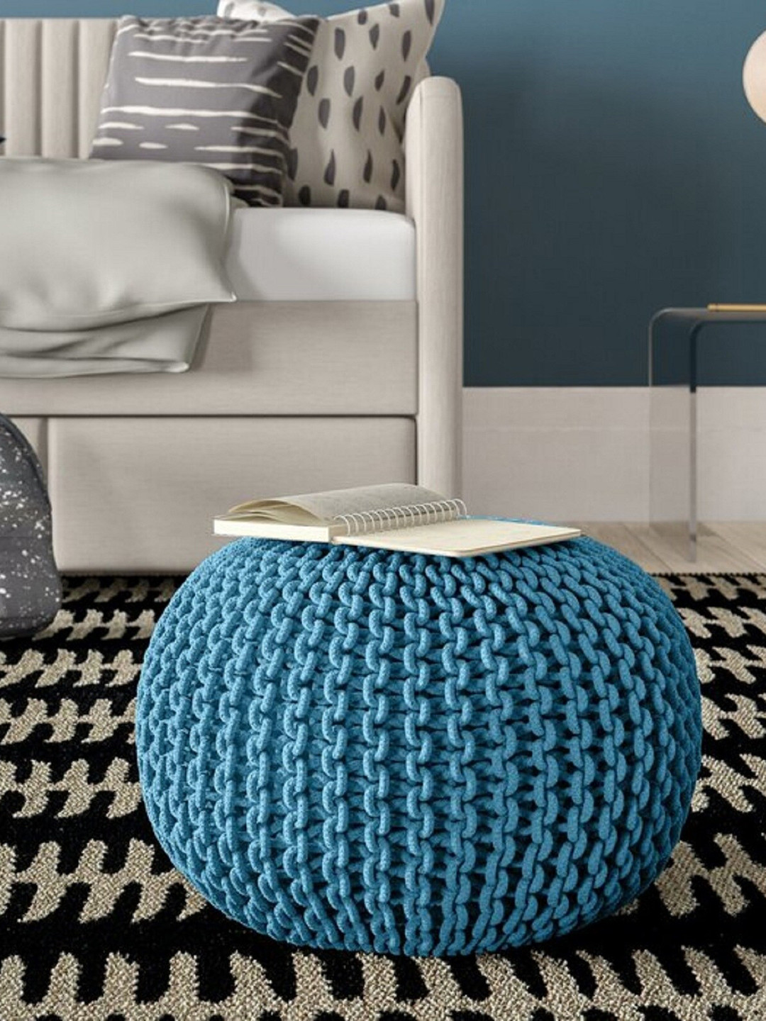 RIANCE CREATIONS Blue Round Tufted Without Storage Cotton Ottomans