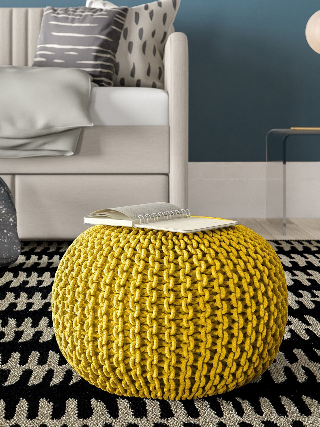 RIANCE CREATIONS Yellow Knitted Cotton Bamboo Ottoman