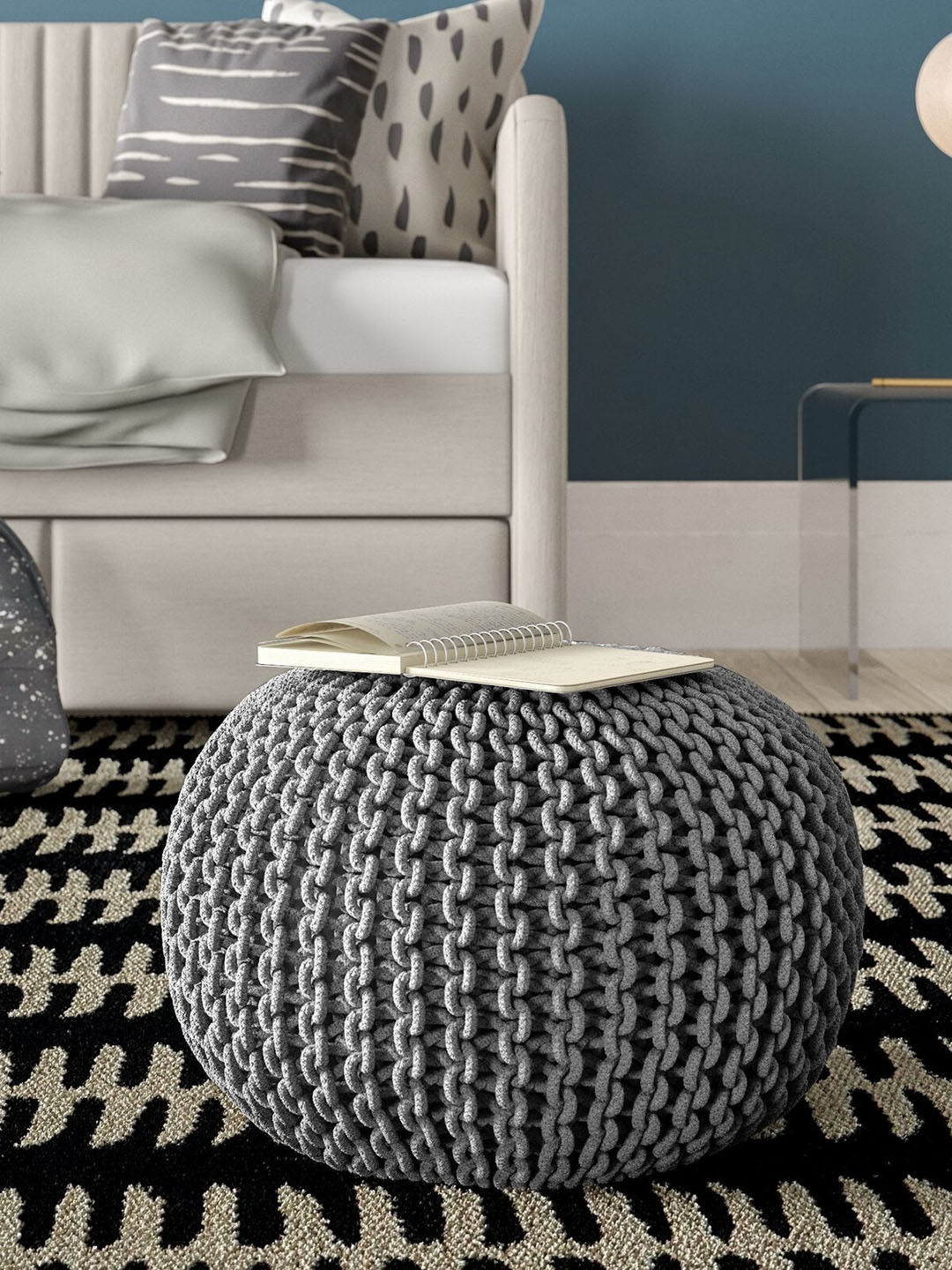 RIANCE CREATIONS Grey Knitted Cotton Bamboo Ottoman