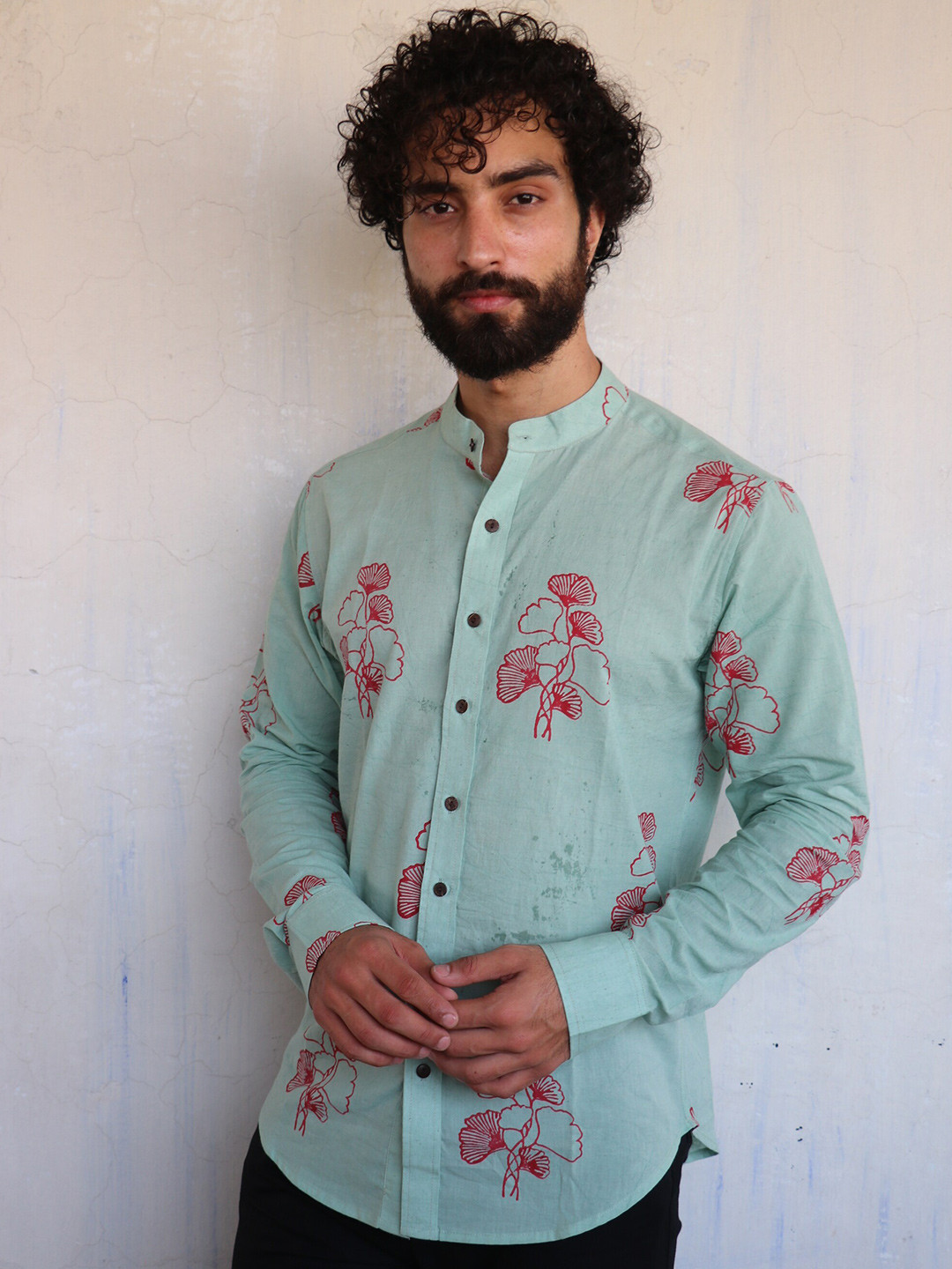 Chidiyaa Floral Block Printed Mandarin Collar Standard Cotton Casual Shirt