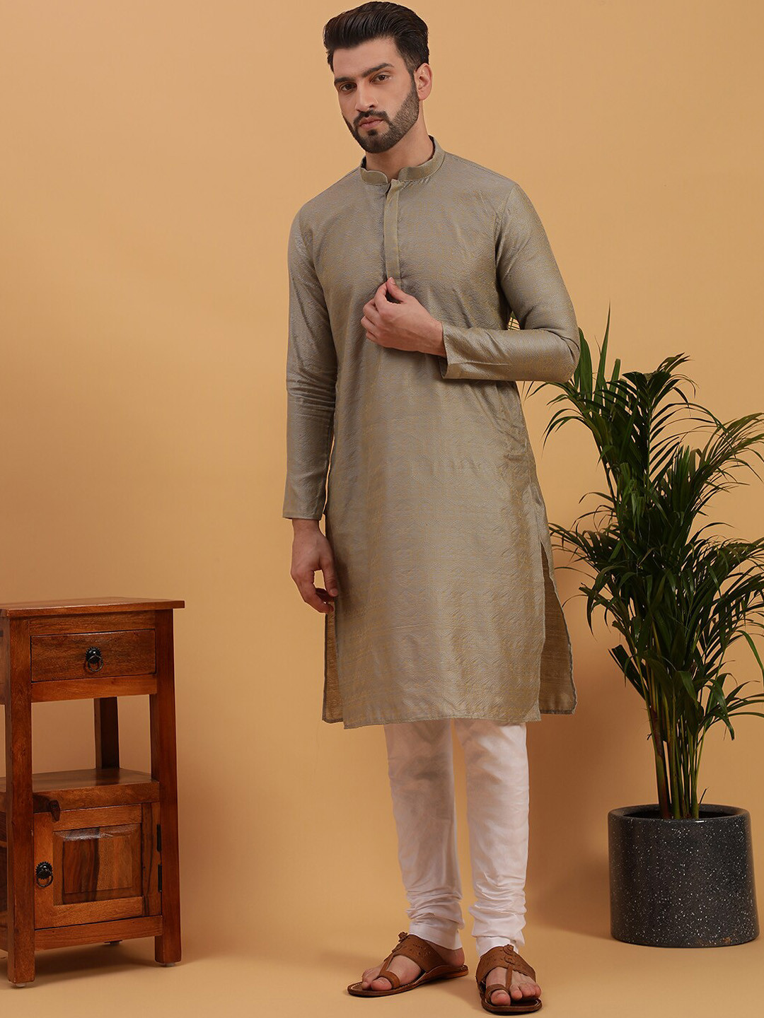 NAMASKAR Ethnic Motifs Self DesignPure Cotton Kurta with Churidar