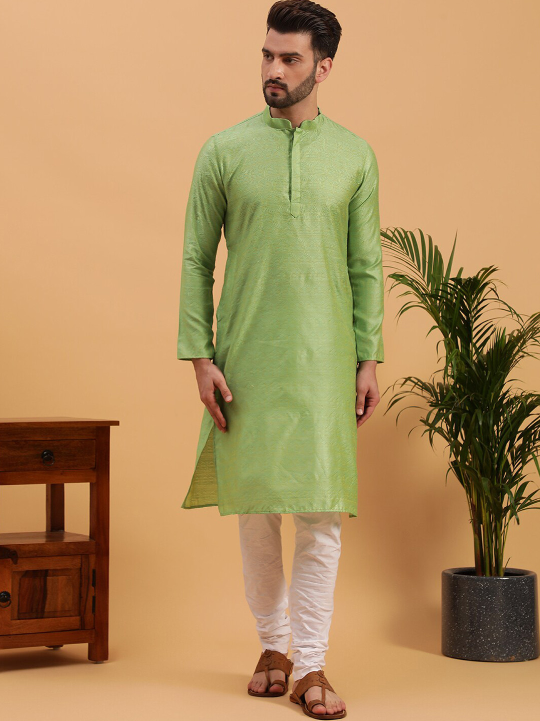 NAMASKAR Woven Design Mandarin Collar Pure Cotton Kurta with Churidar