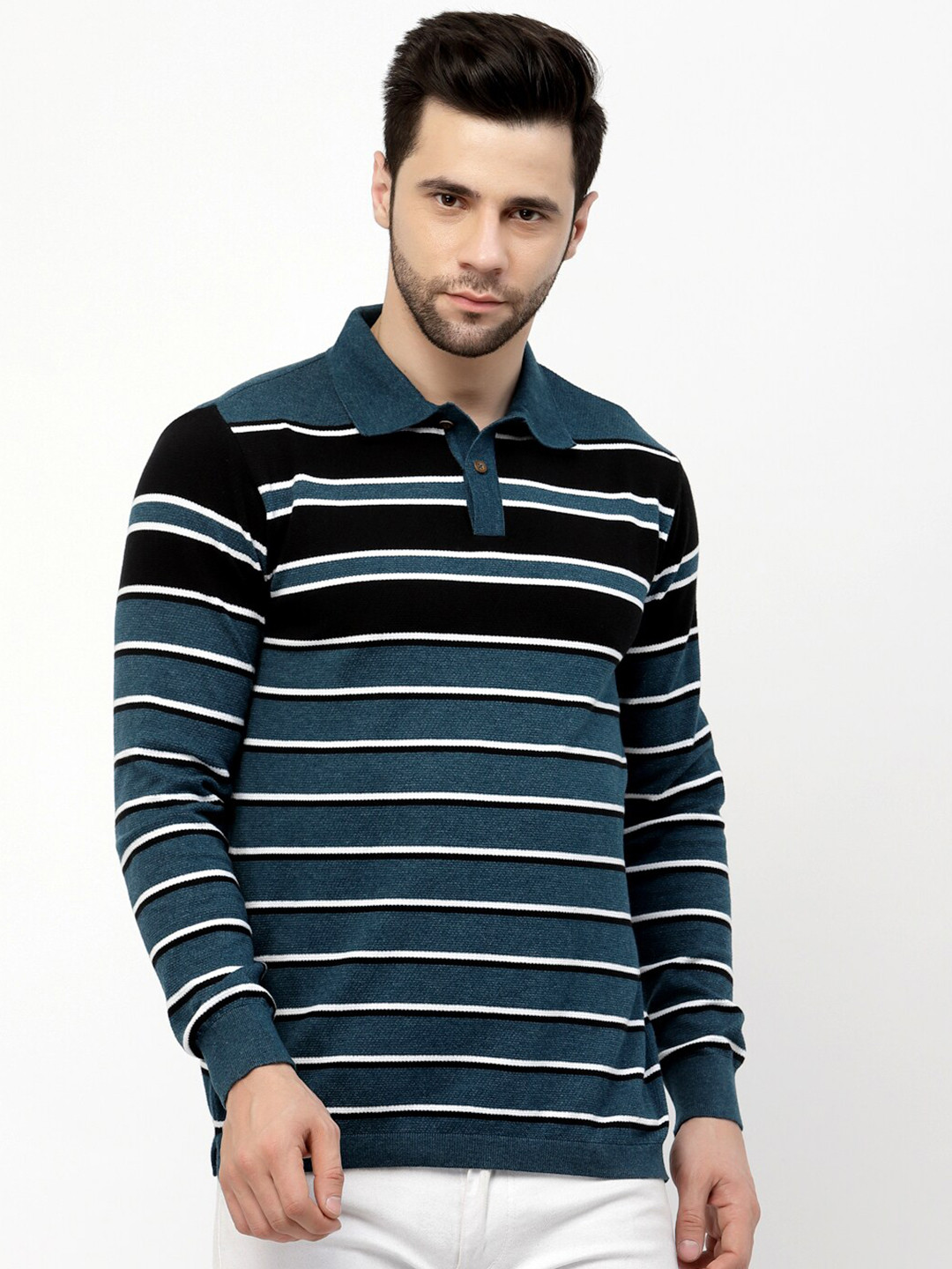Kalt Striped Polo Collar Long Sleeve Casual T-shirt