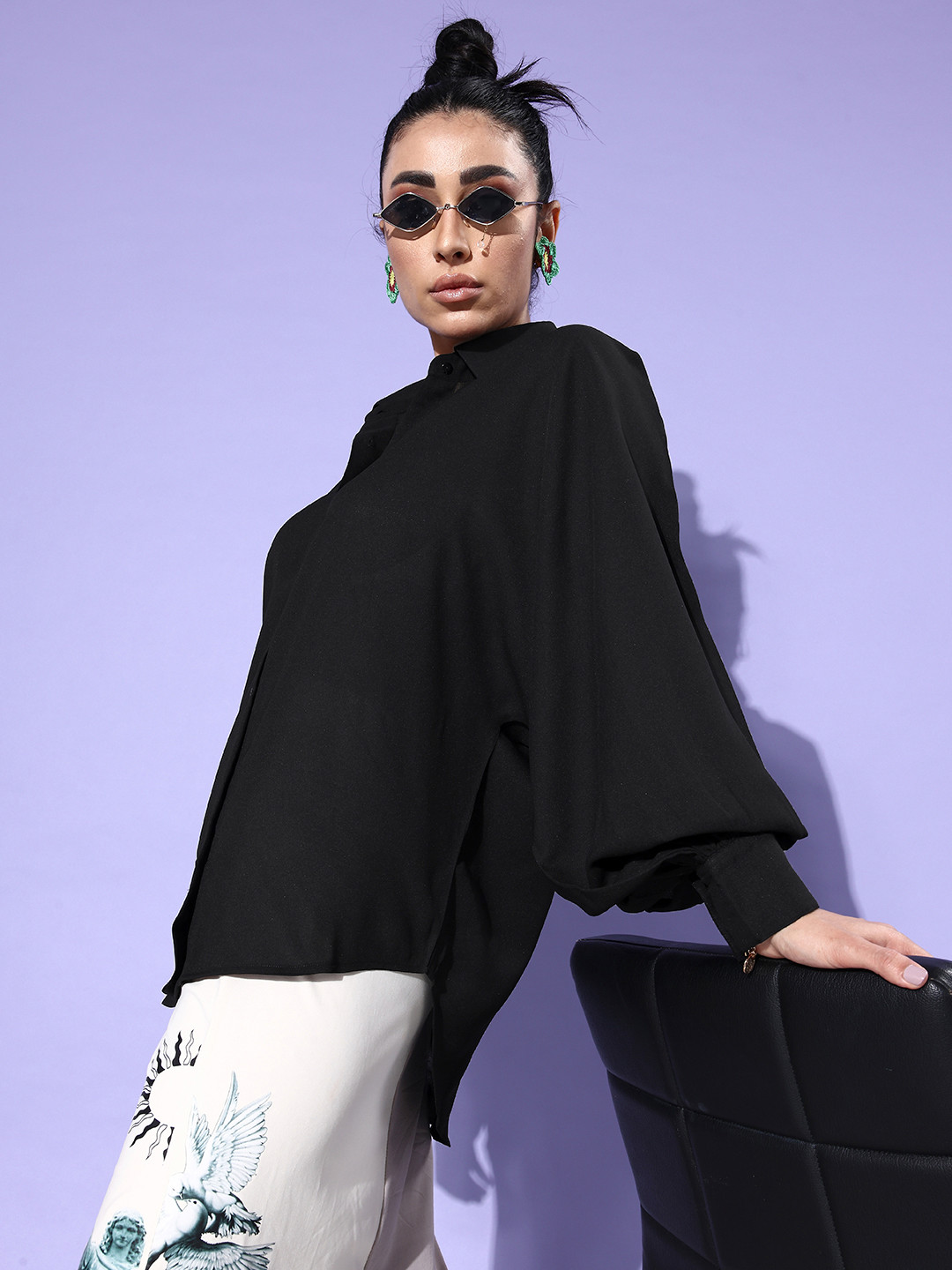 Style Quotient Black Relaxed Batwing Sleeves Oversized Casual Shirt