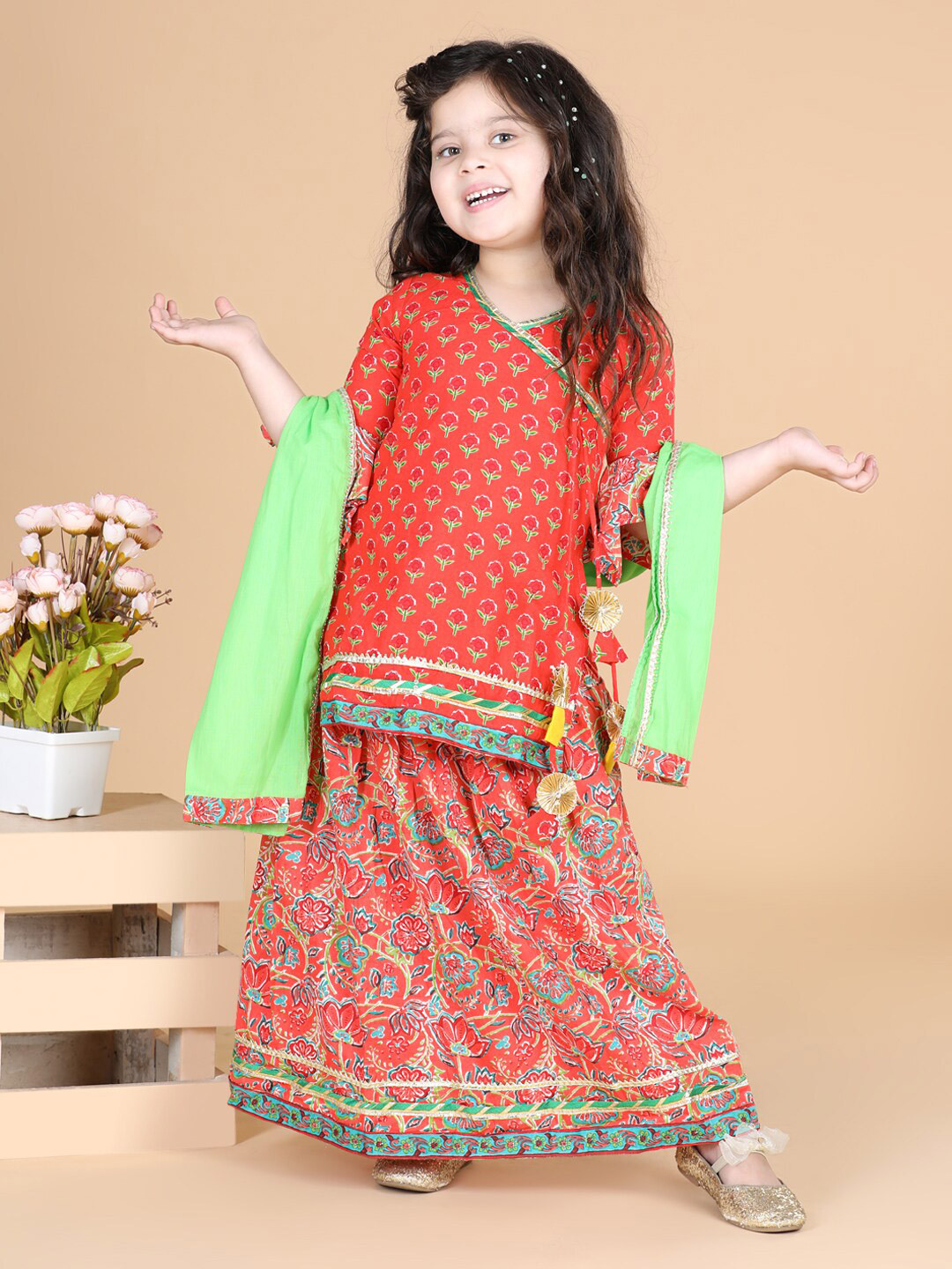 LIL PITAARA Girls Printed Block Print Ready to Wear Cotton Lehenga & Blouse With Dupatta
