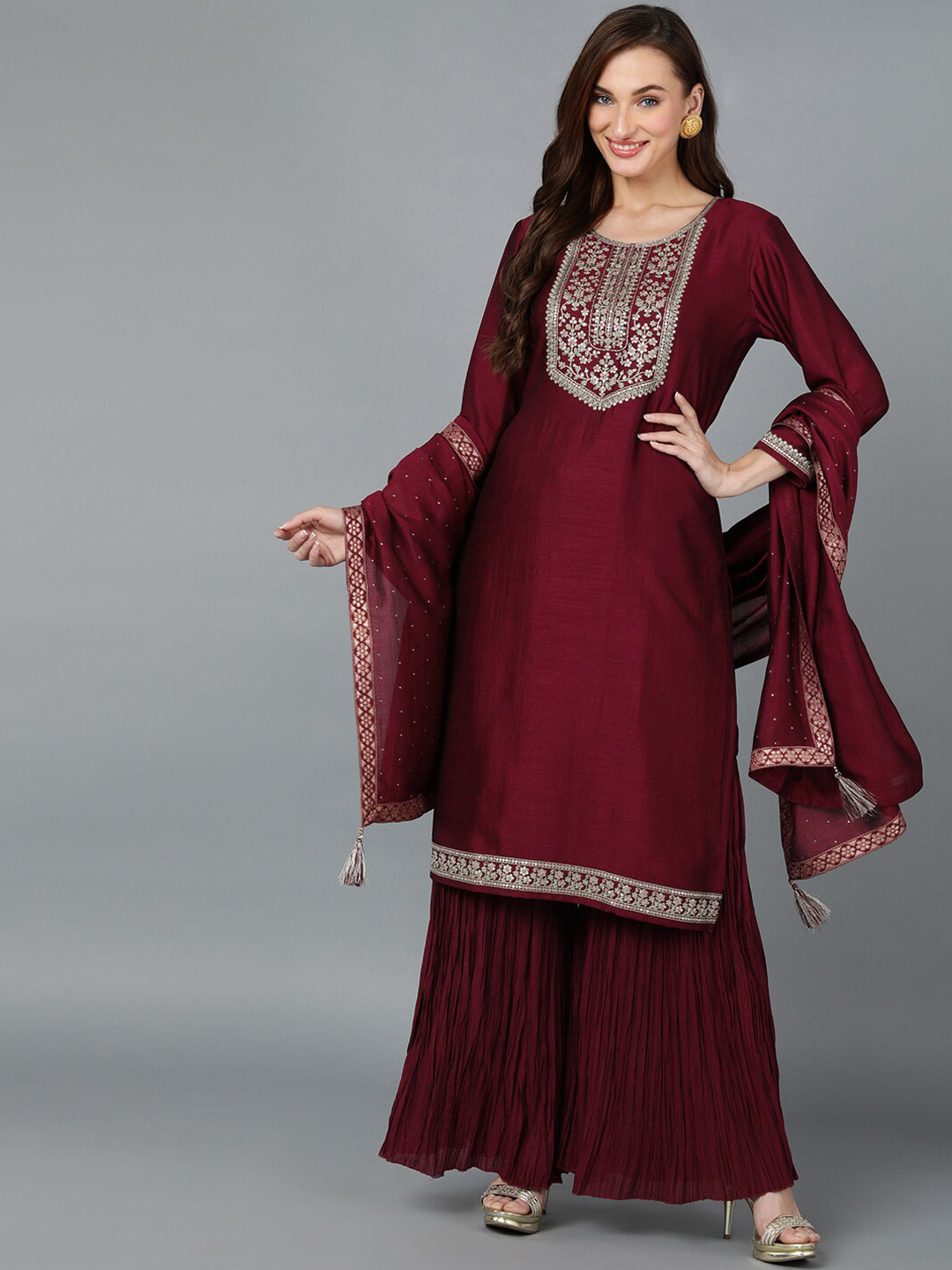 AHIKA Floral Embroidered Yoke Design Regular Kurta With Sharara & Dupatta