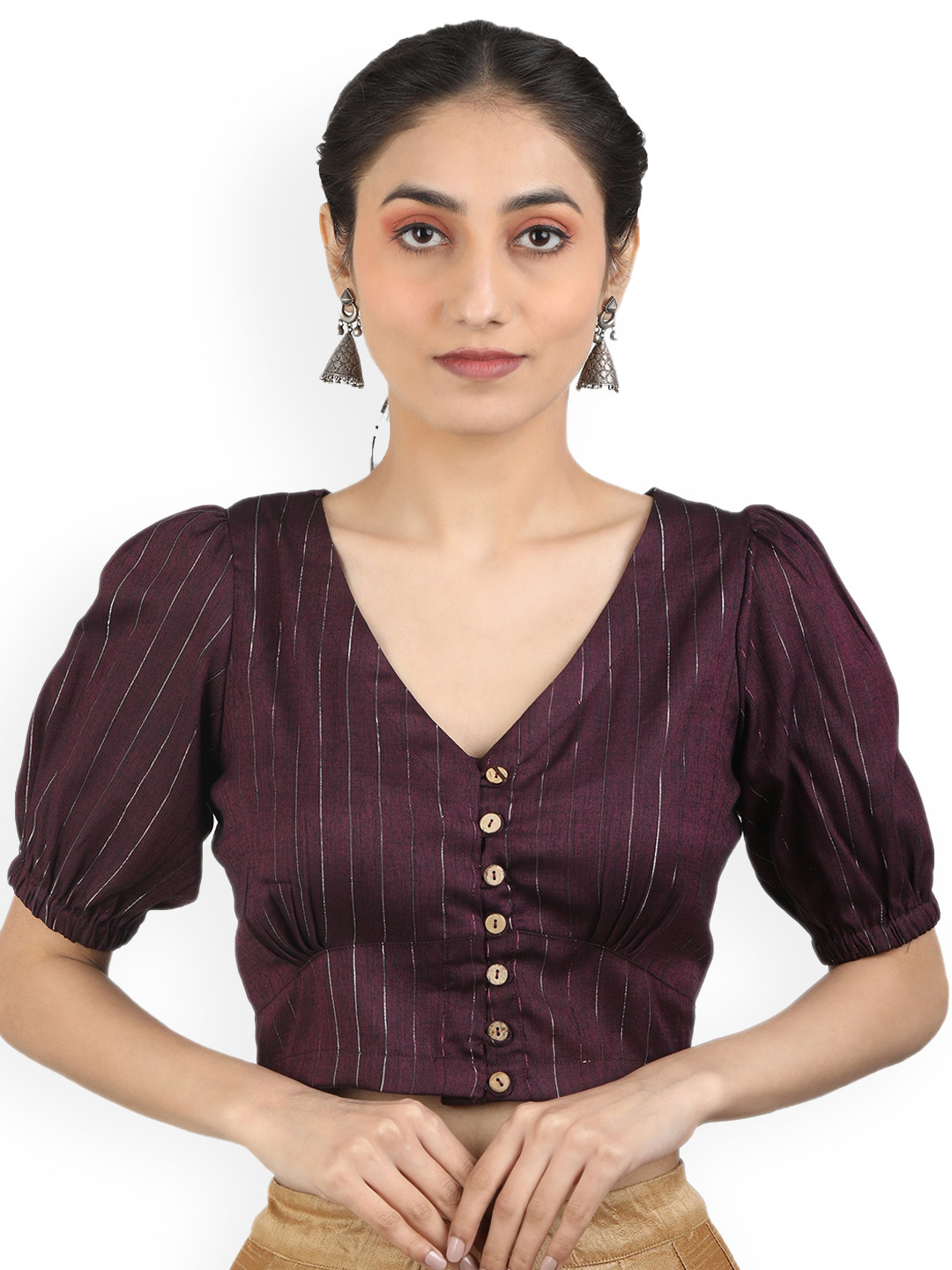 Llajja Striped Woven Design V-Neck Non Padded Cotton Saree Blouse