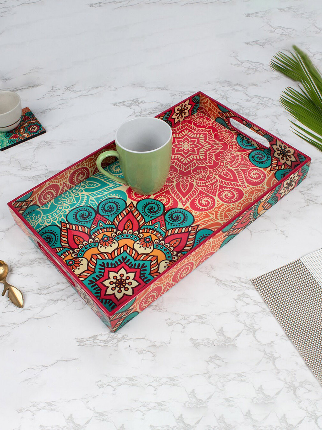 MARKET99 Red & Green Ethnic Motif Printed MDF Wooden Tray With Handle