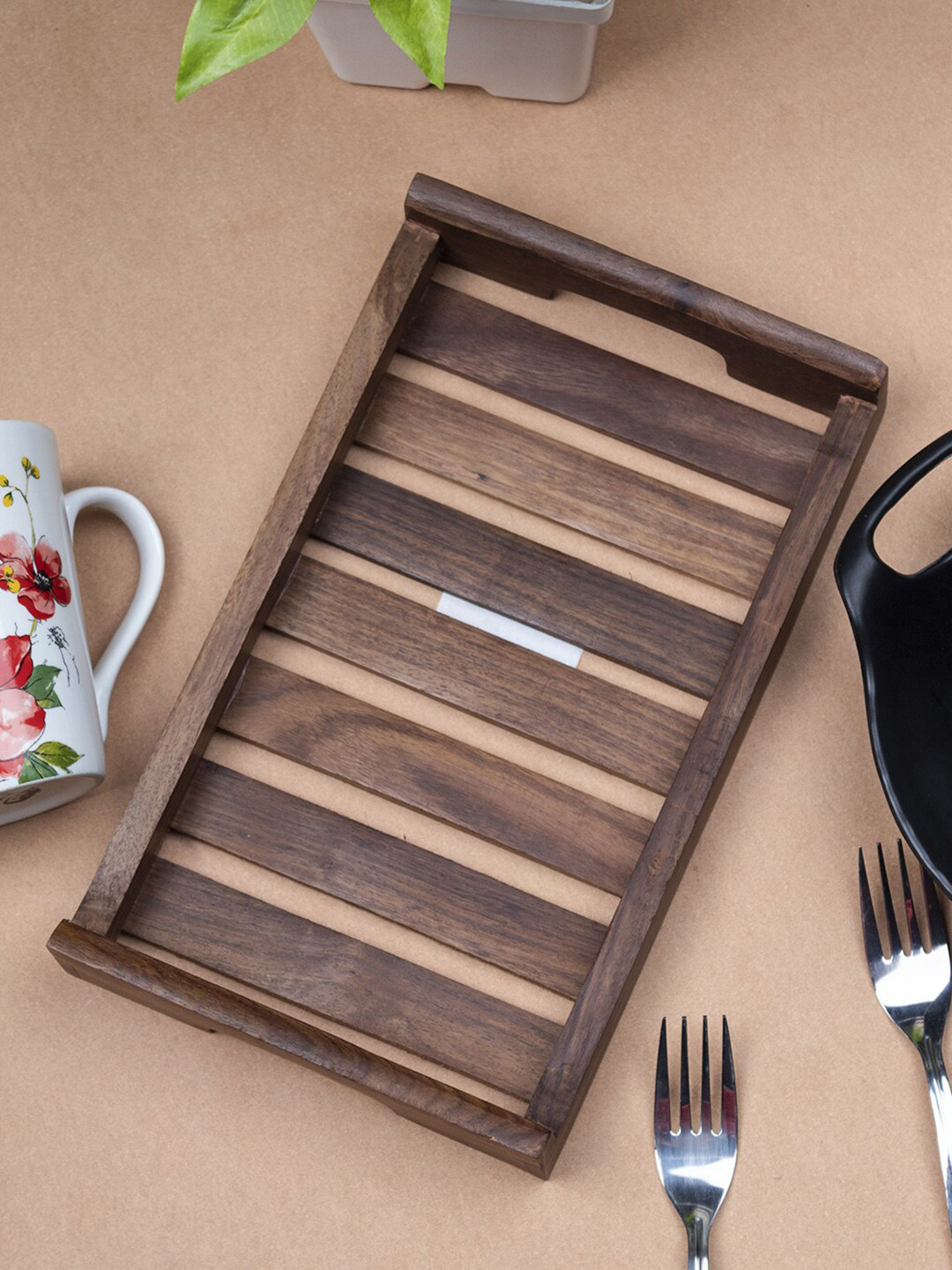 MARKET99 Brown Sheesham Wooden Tray With Handle