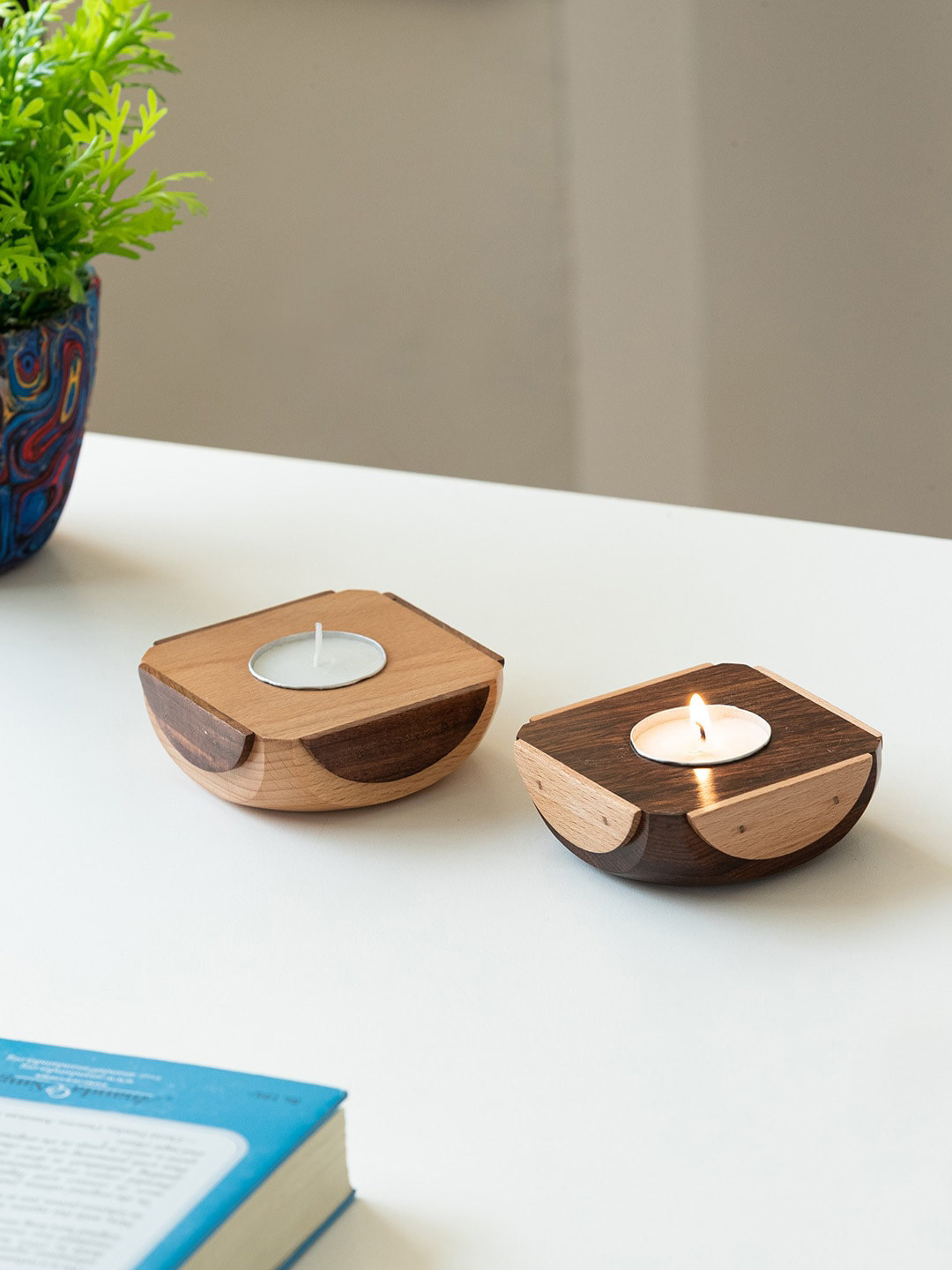 ExclusiveLane Jugnu Chakori Brown 2 Pcs Wooden Tea Light Candle Holders