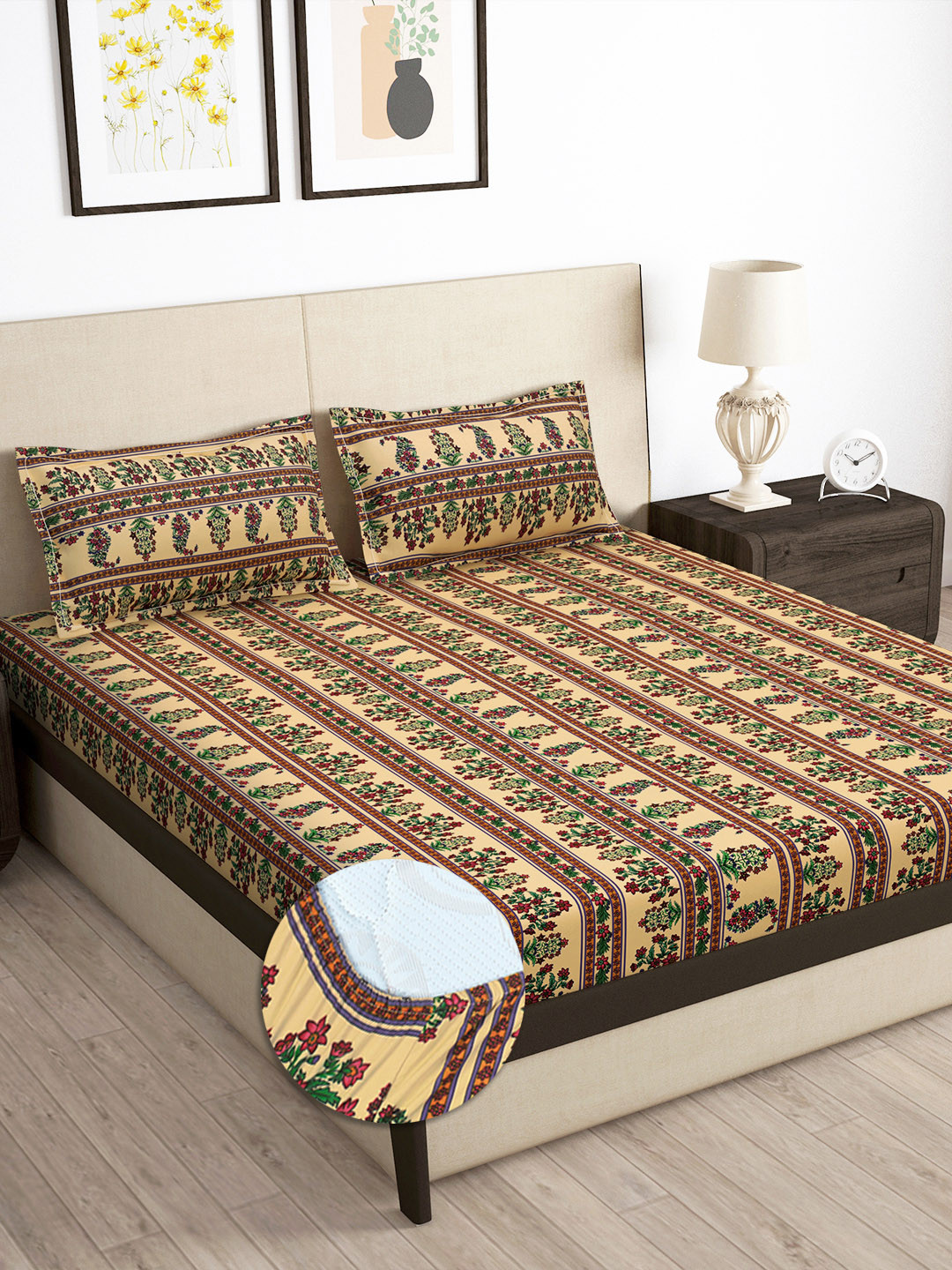 Story@home Arena Beige Ethnic Motifs Polyester 180 TC Fitted King Fine Bedsheet with 2 Pillow Covers-72 x 78 inches