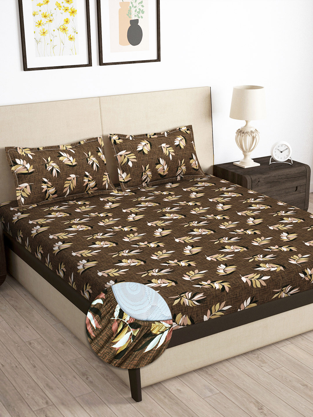 Story@home Arena Brown & White Floral 180 TC Fitted Queen Bedsheet With 2 Pillow Covers