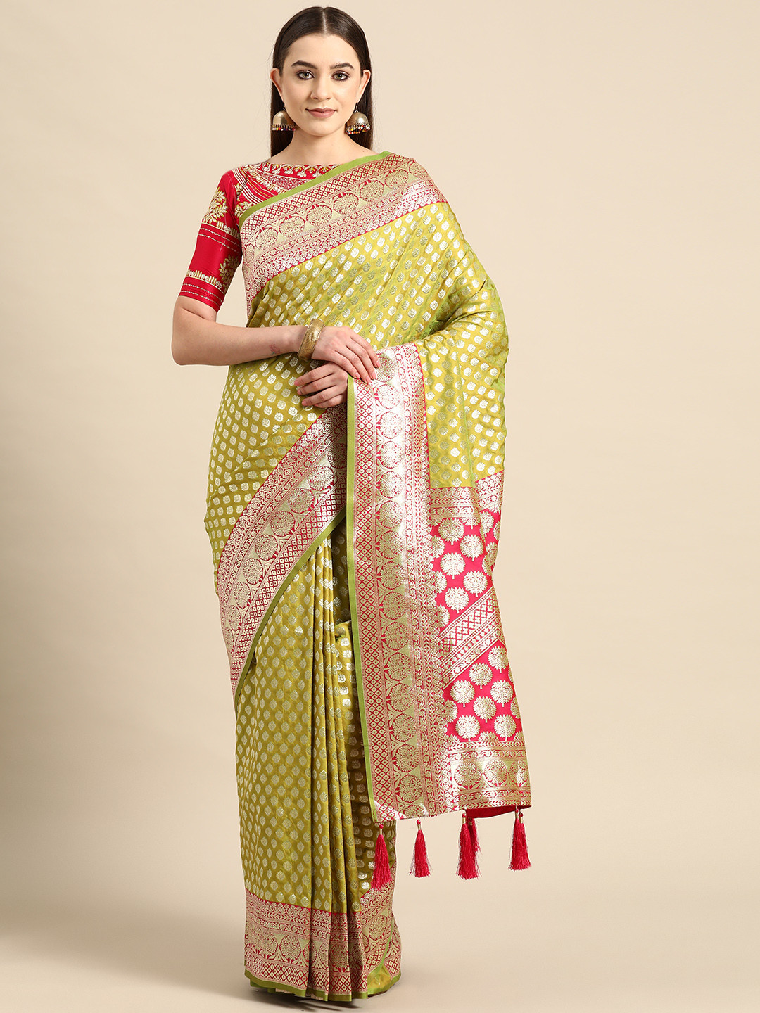 MANOHARI Green Woven Design Silk Blend Banarasi Saree
