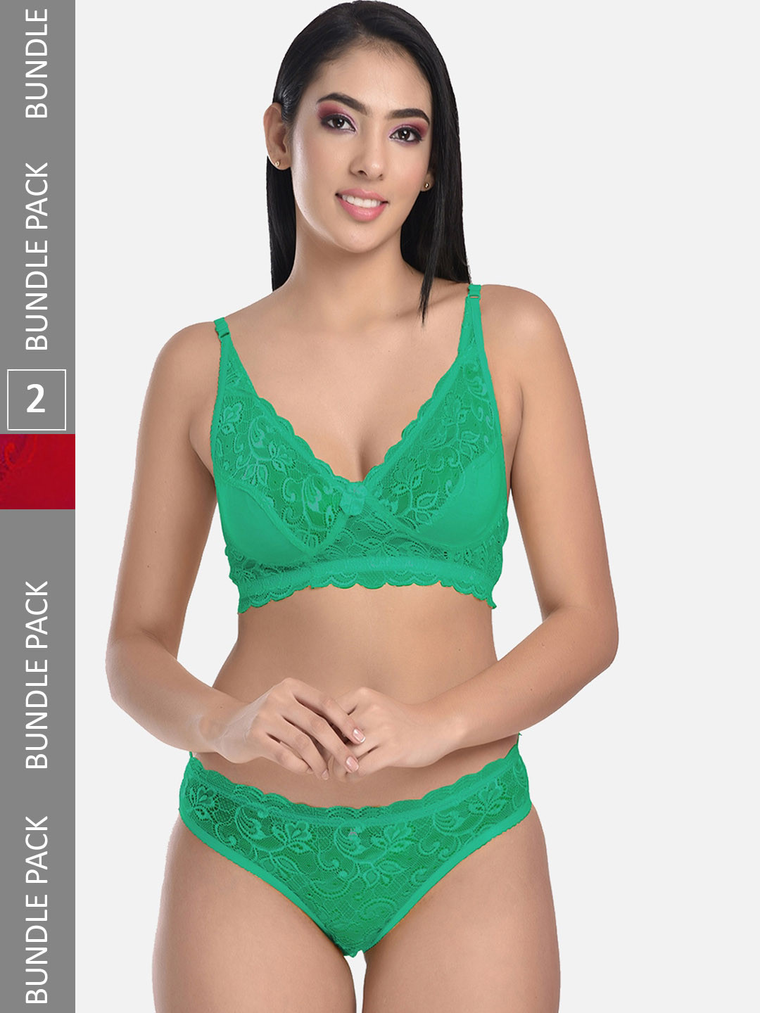 StyFun Pack Of 2 Self Design Laced Lingerie Set VM_Ei-Ten_GreenMaroon_B