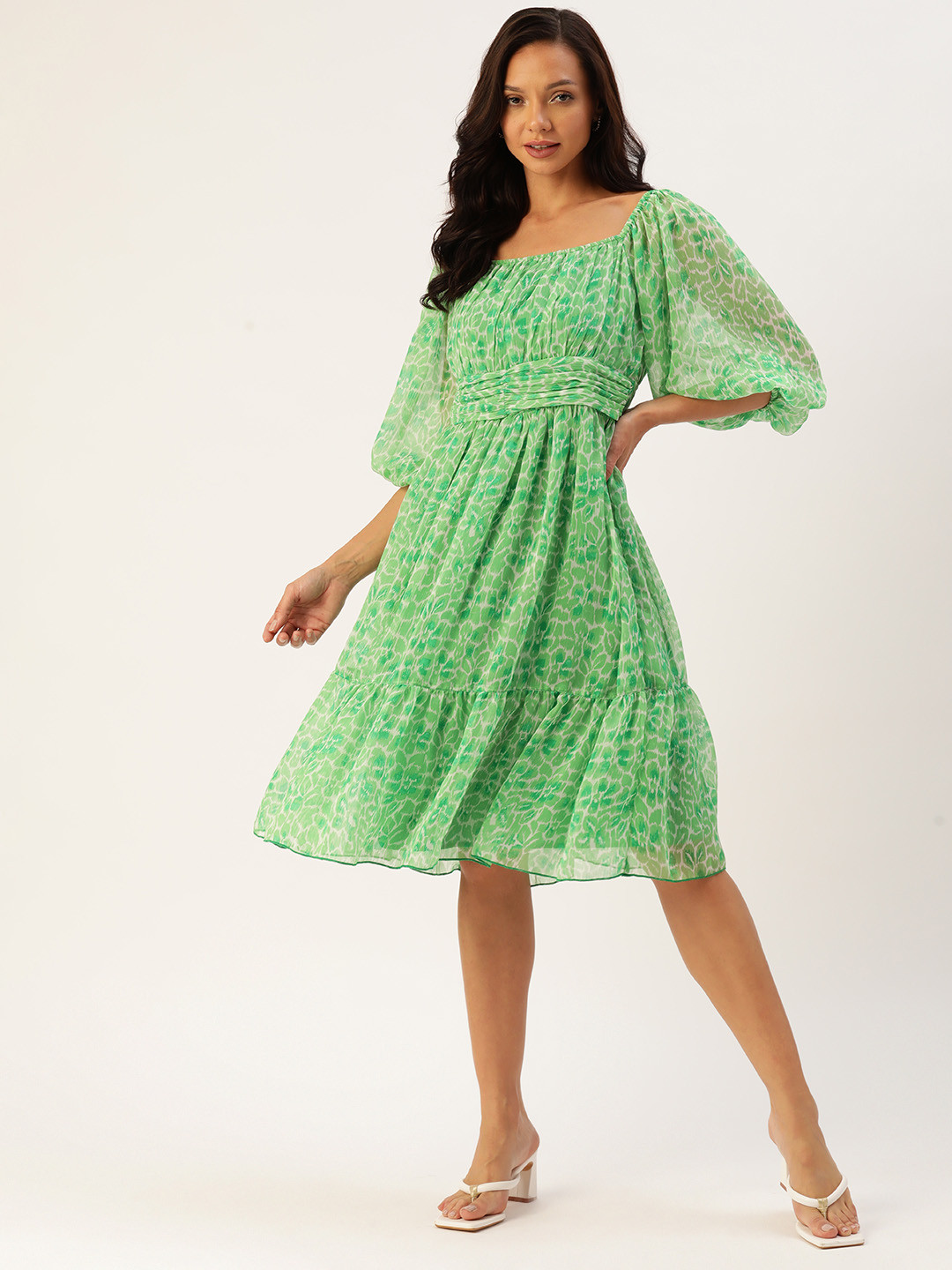 Antheaa Print Puff Sleeve Chiffon A-Line Midi Dress