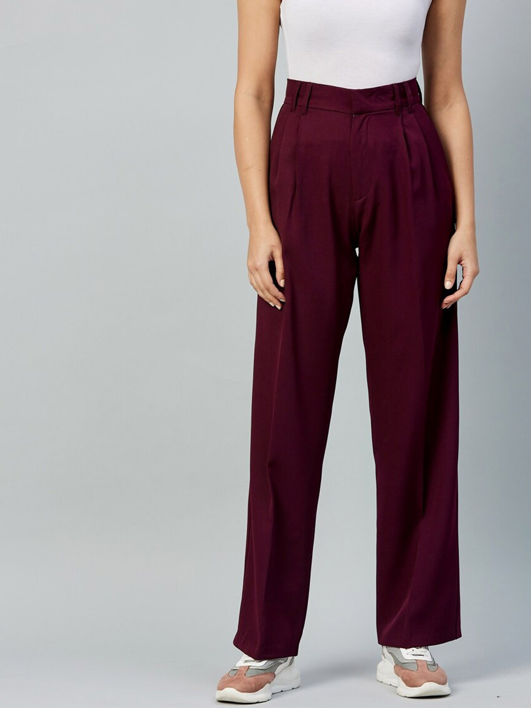 DELAN Women Smart Tapered Fit High-Rise Easy Wash Pleated Parallel Trousers