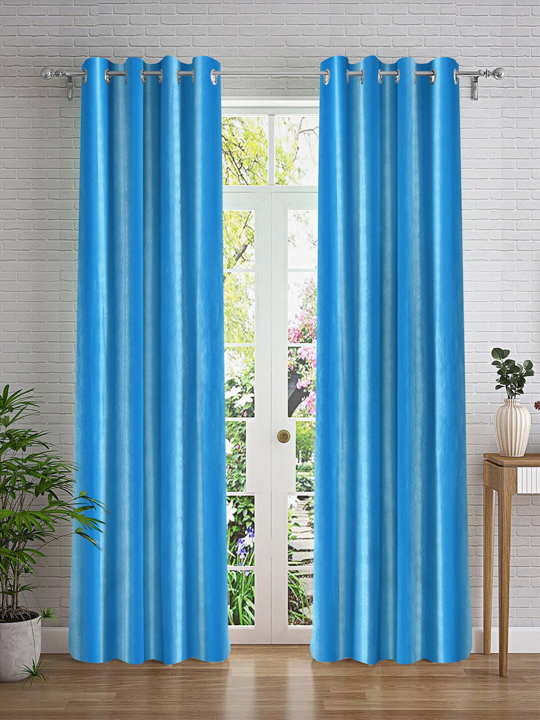 Cortina Blue & Silver-Toned 2 Pieces Self Design Door Curtain