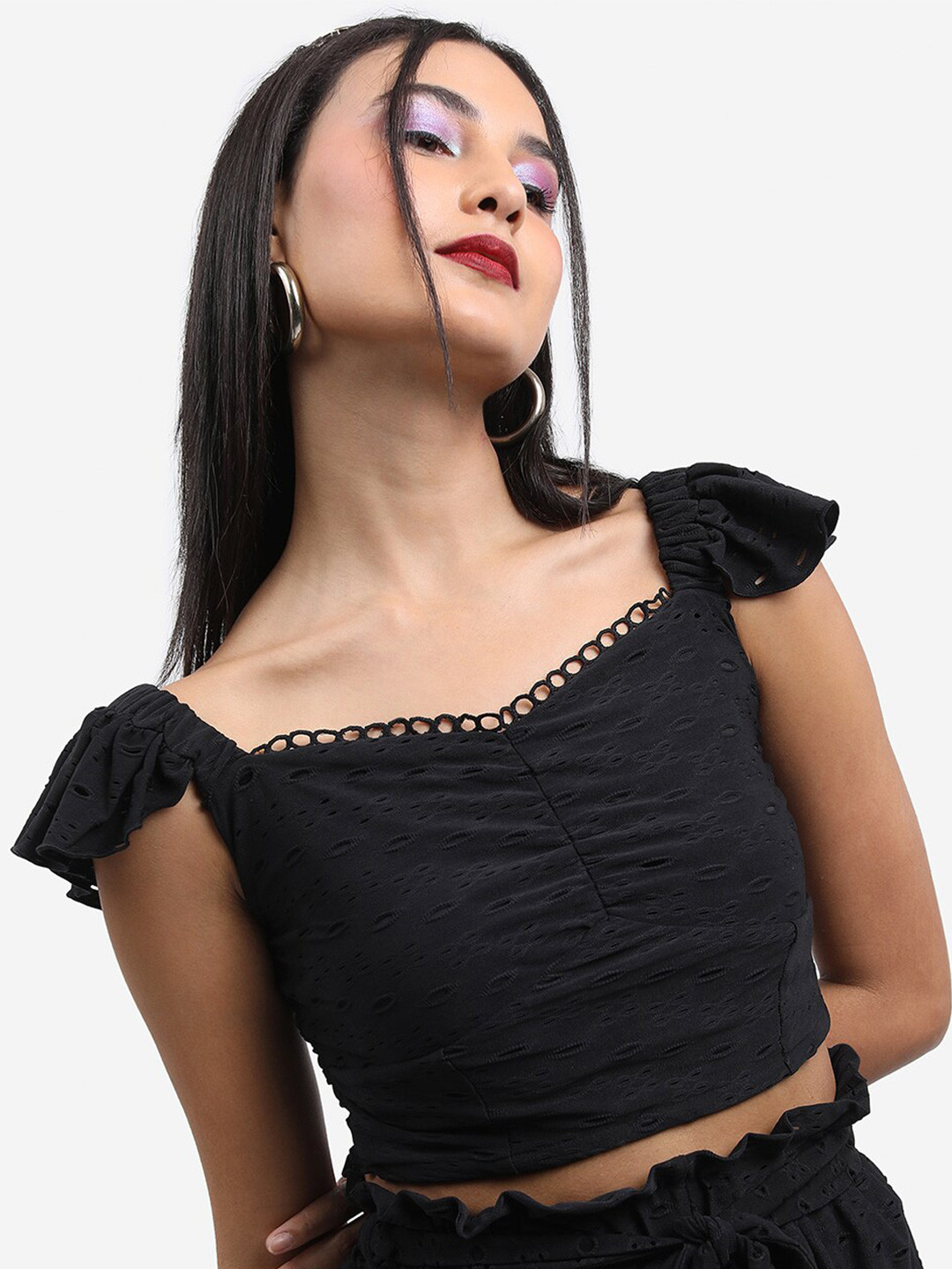 KETCH Flutter Sleeves Sweet Heart Neck Smocked Schiffli Crop Top