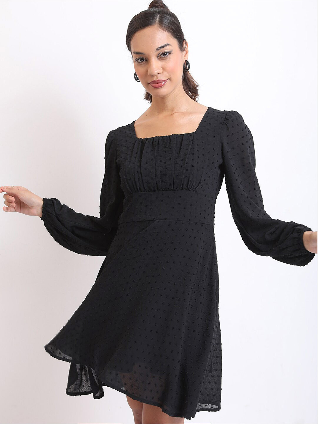 KETCH Square Neck Self Design A-Line Dress