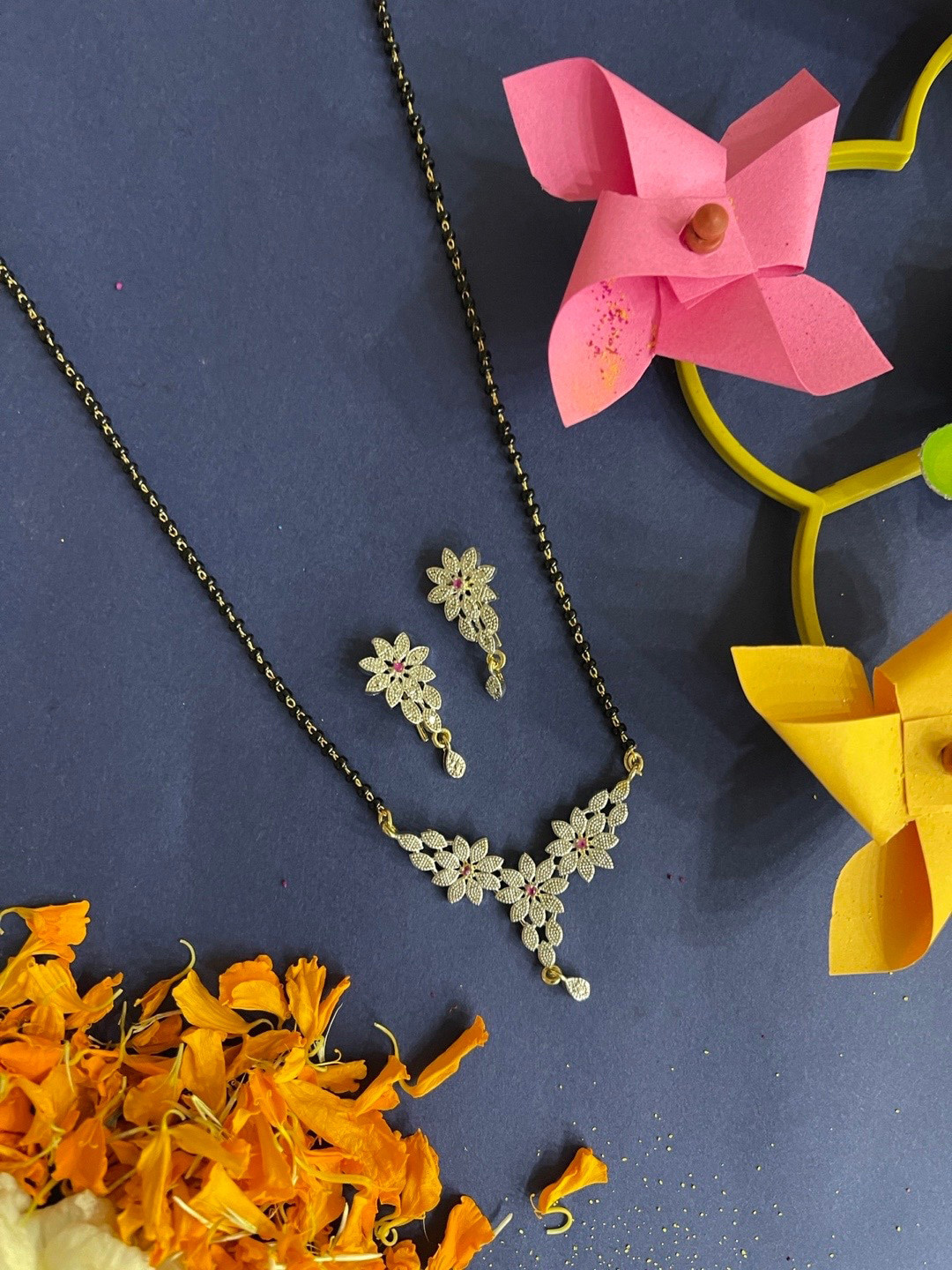 Digital Dress Room Gold Plated Stone Studded & Beaded Mangalsutra with Earrings