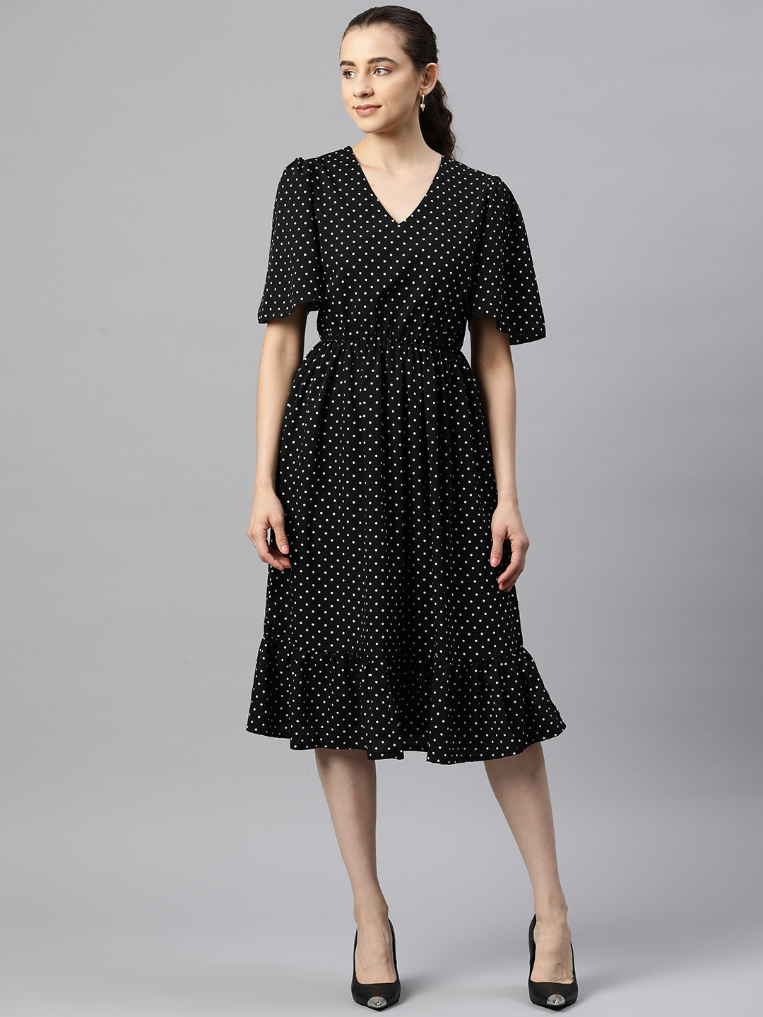 plusS Polka Dot Print Fit & Flare Midi Dress