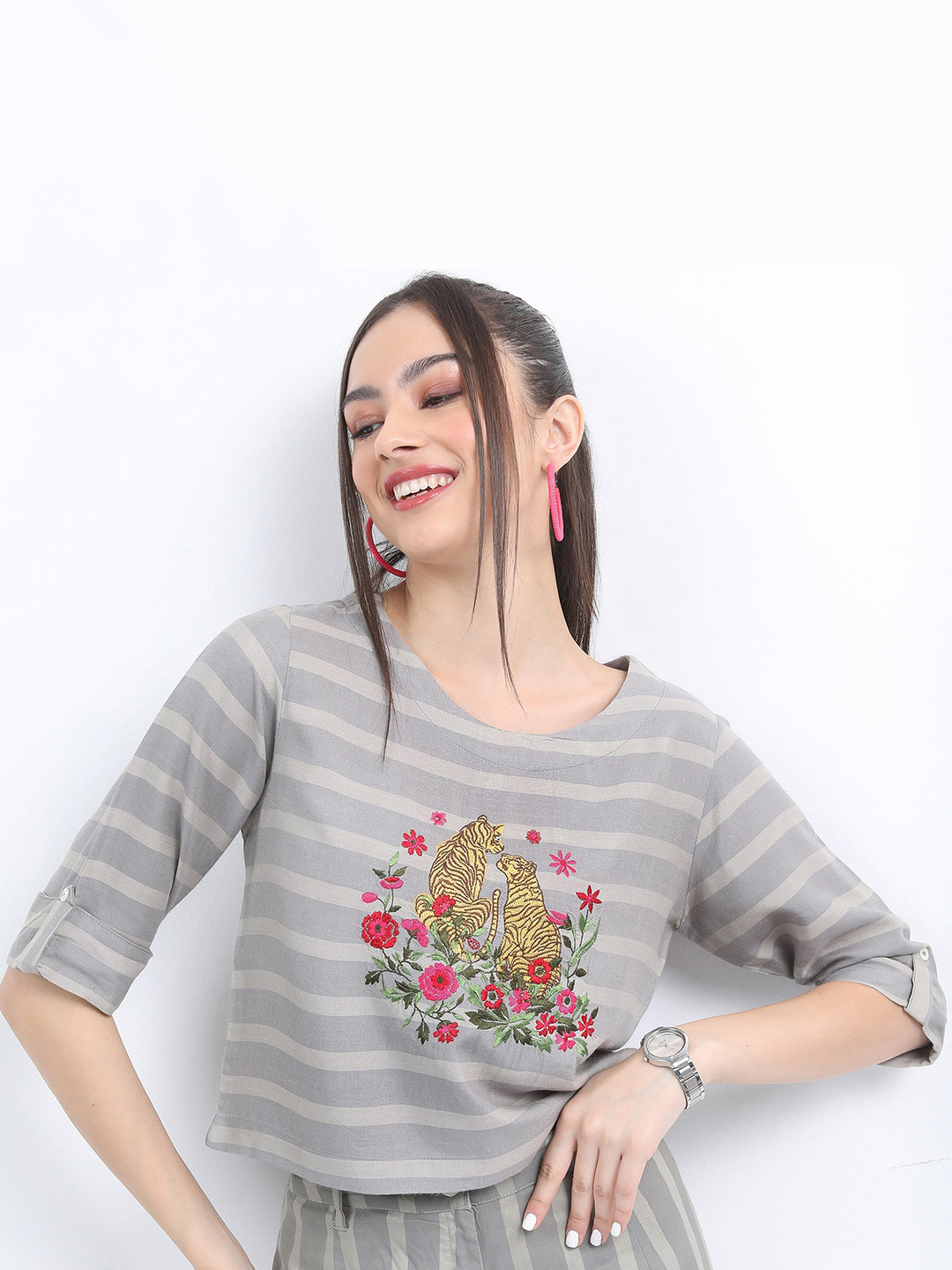 Vishudh Horizontal Striped Roll-Up Sleeves Embroidered Cotton Regular Top