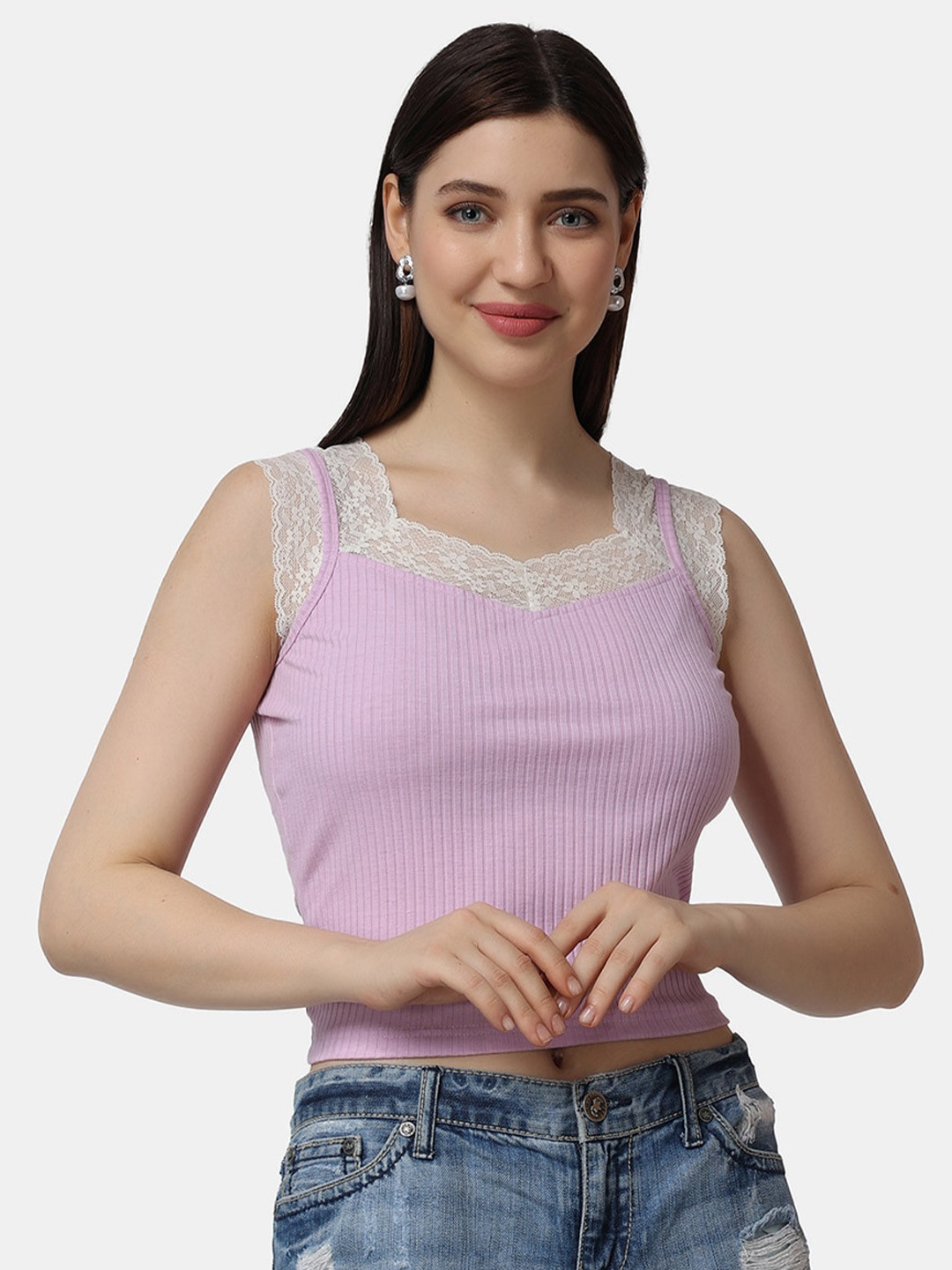 Popwings Self Design Sweetheart Neck Lace-Up Fitted Crop Top