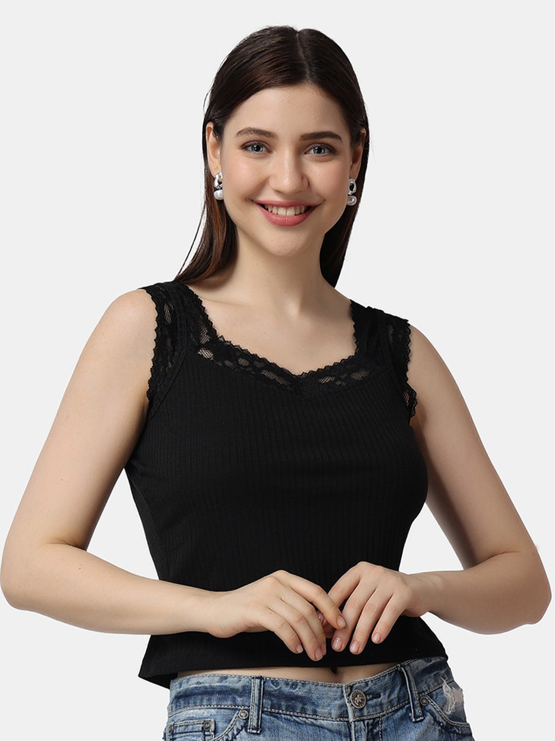 Popwings Sleeveless Lace Inserts Crop Top