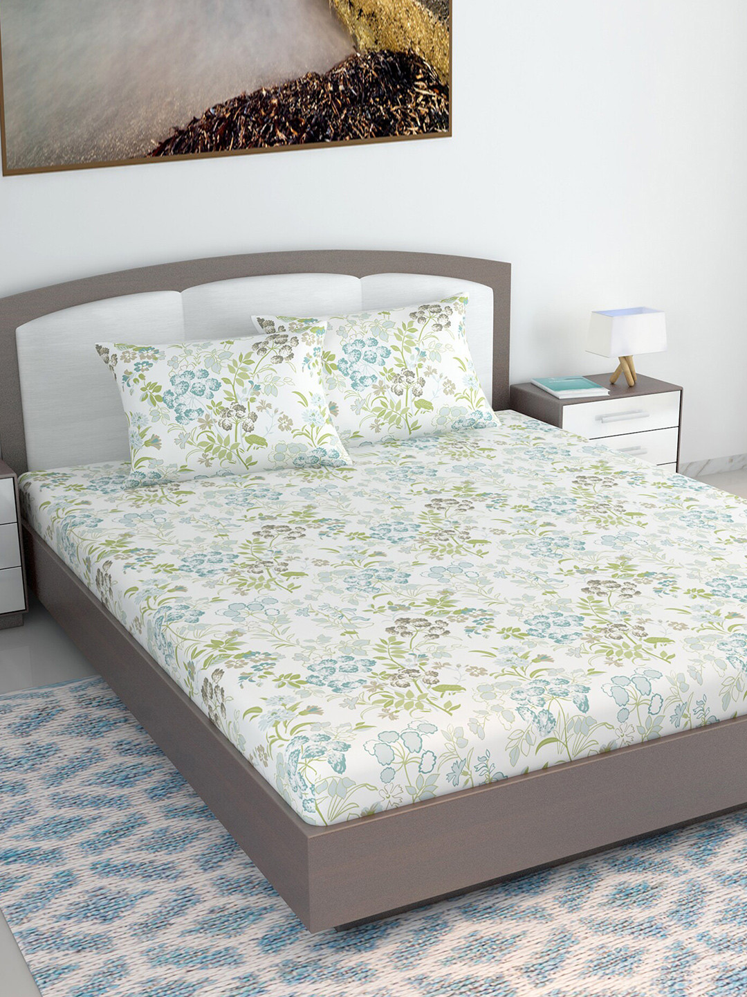 Divine Casa Banana Lily Birch White Floral Cotton 144 TC King Bedsheet with 2 Pillow Covers-106 x 106 inches