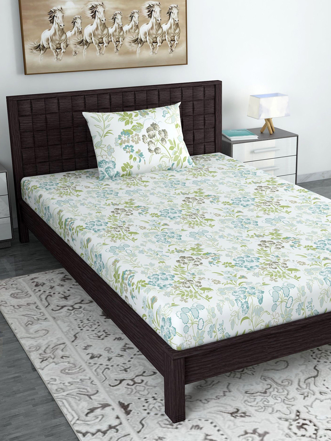 Divine Casa White Floral Cotton 144 TC Single Bedsheet with a Pillow Cover-57 x 88 inches