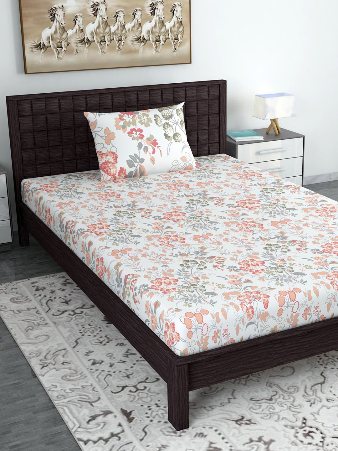 Divine Casa White Floral Printed 144 TC 100% Cotton Single Bedsheet with 1 Pillow Cover