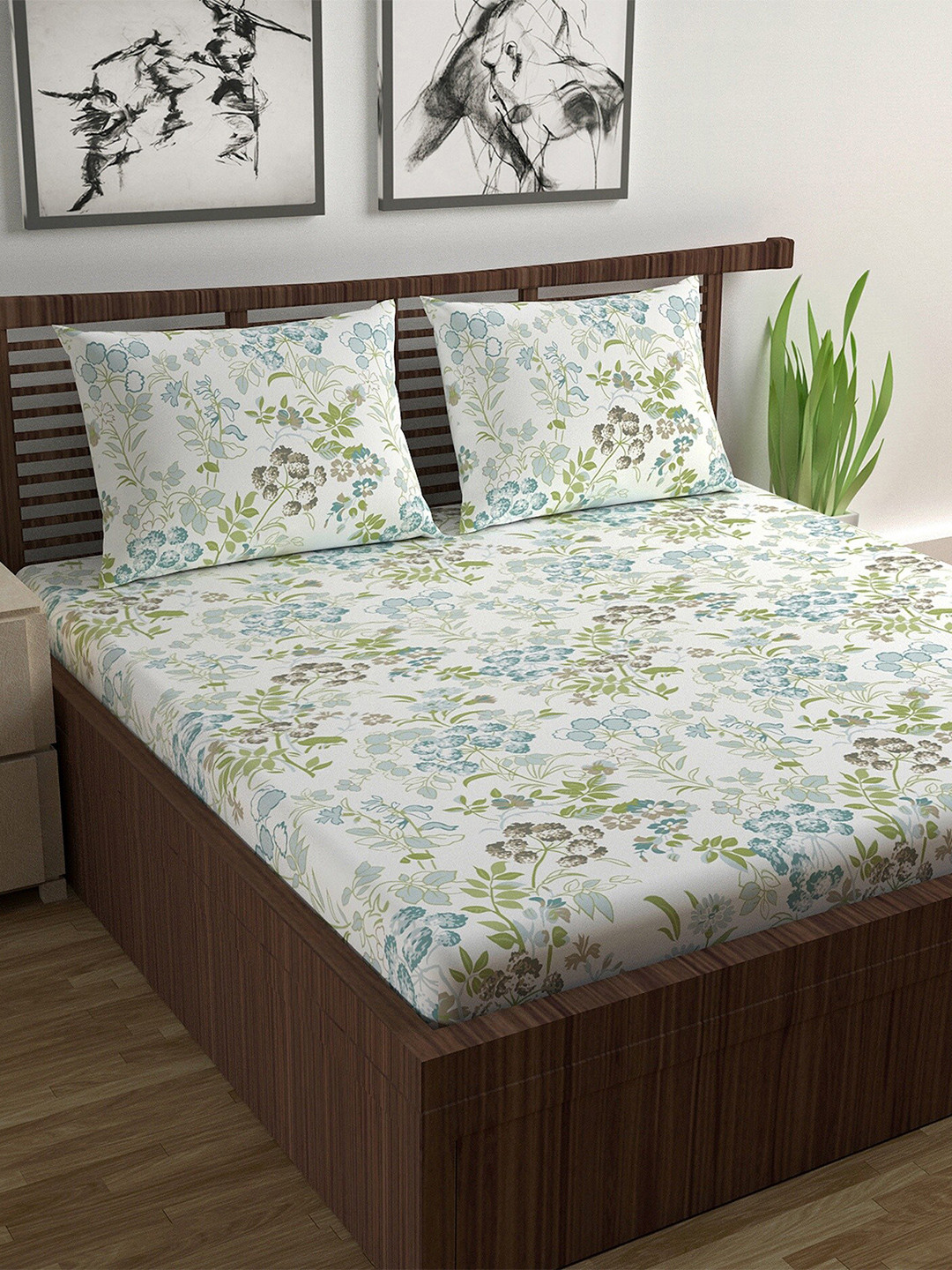 Divine Casa Banana Lily Birch Green Floral Pure Cotton 120 TC Double Bedsheet with 2 Pillow Covers-87 x 100 inches