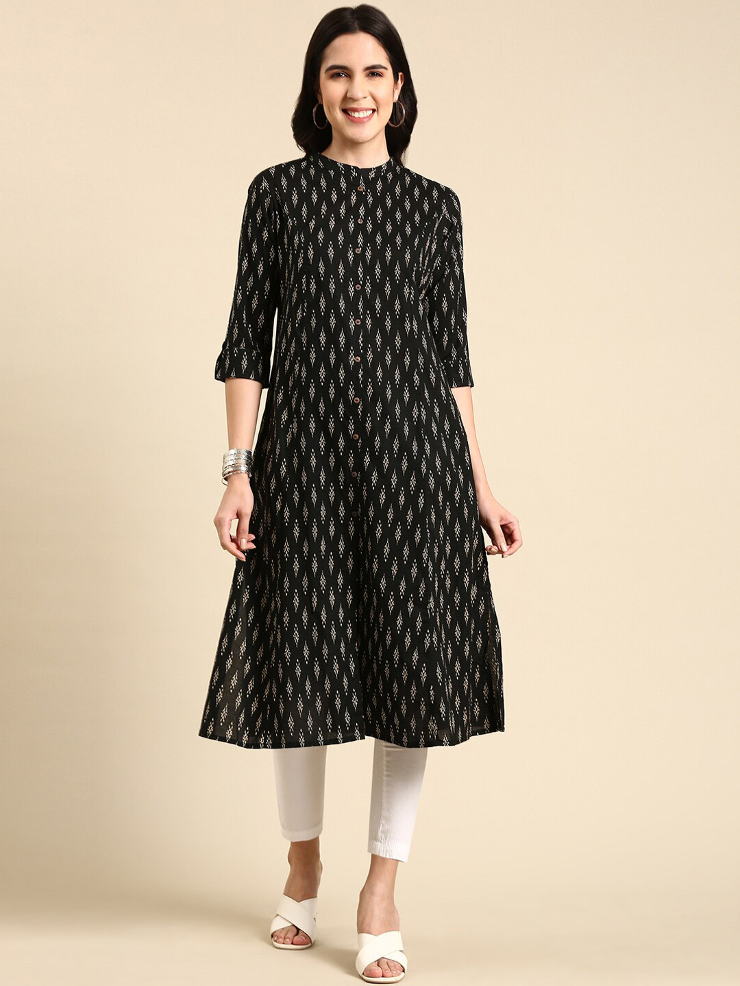 SHOWOFF Abstract Woven Design Mandarin Collar A-Line Kurta