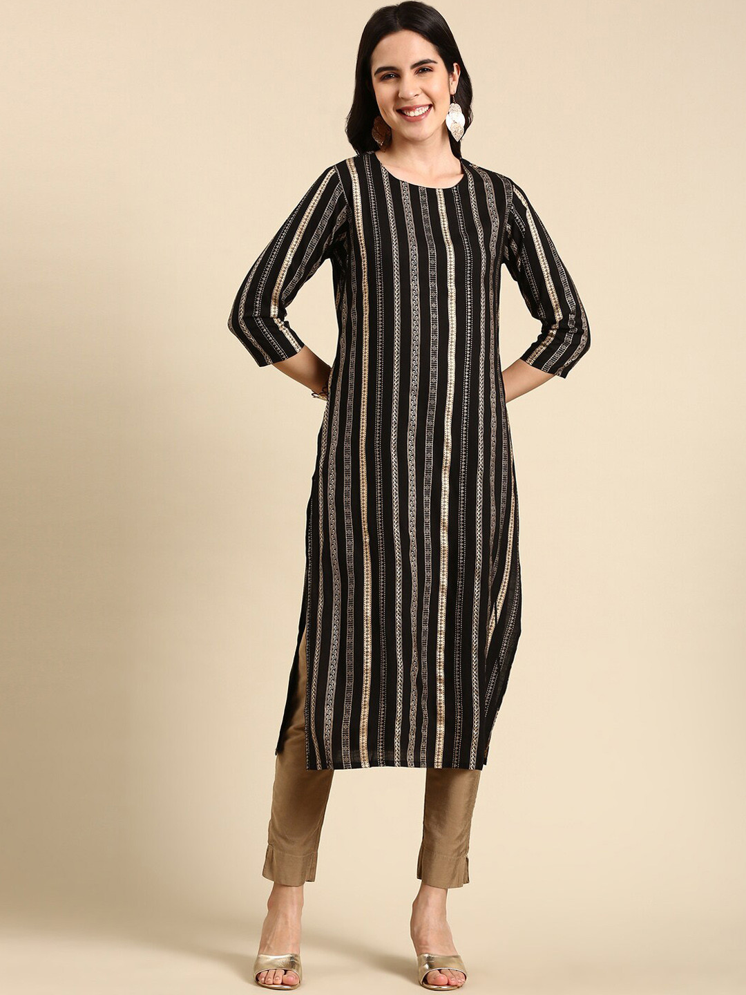SHOWOFFFF Ethnic Motif Striped Straight Cotton Kurta