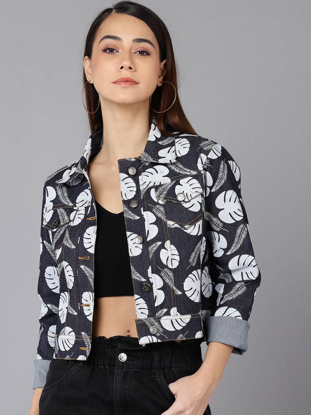 MONTREZ Floral Printed Crop Denim Jacket