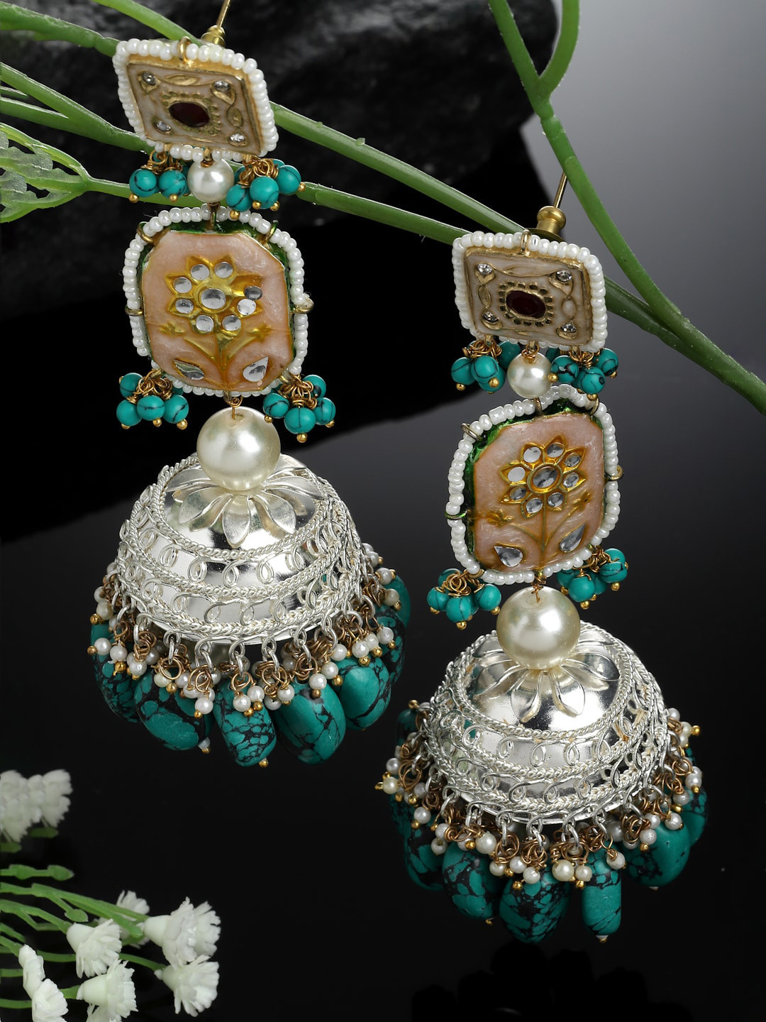 DUGRISTYLE Silver-Plated Kundan & American Diamonds Jhumkas Earrings