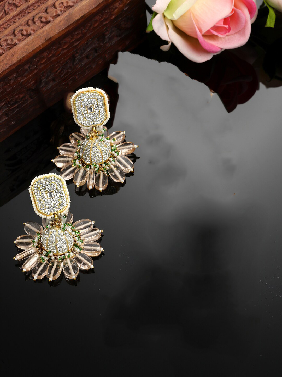 DUGRISTYLE Gold-Plated American Diamonds & Pearls Jhumkas